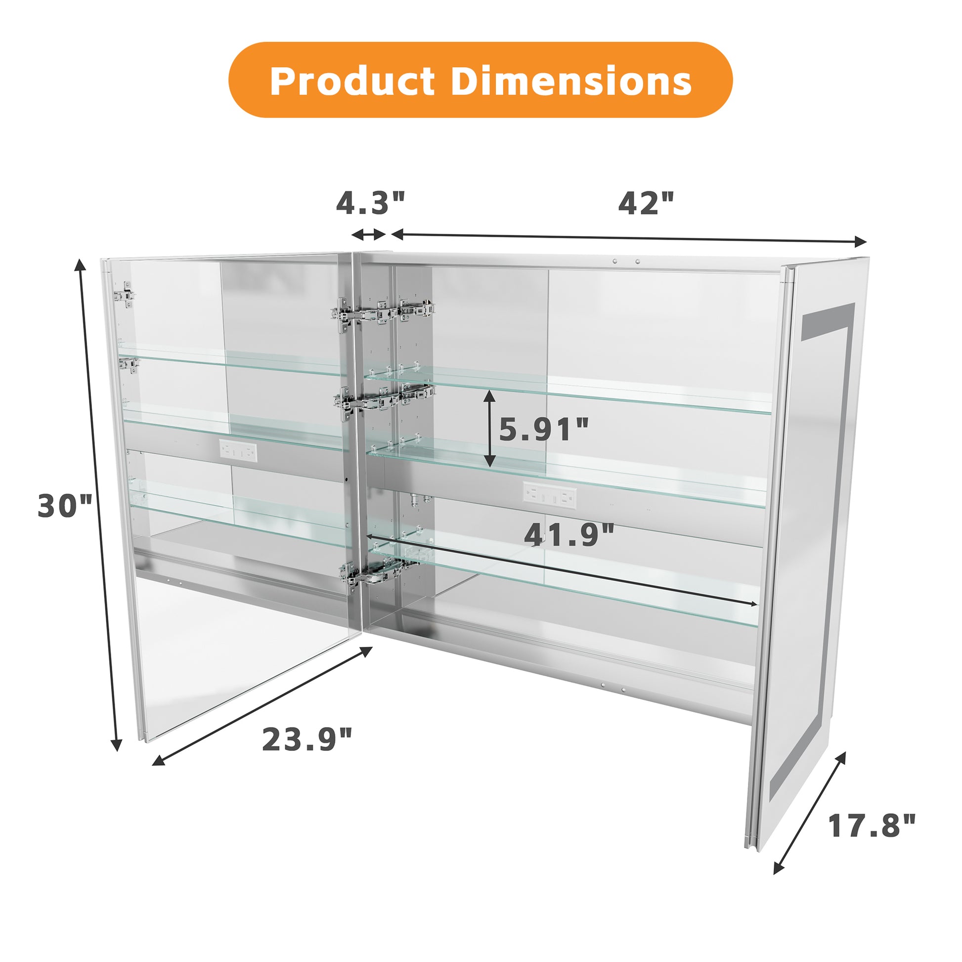 42" W x 30" H LED Lighted Bathroom Medicine Cabinet with Mirror, Tempered Glass Door, Anti-Fog Function and Adjustable Shelves Storage Cabinet