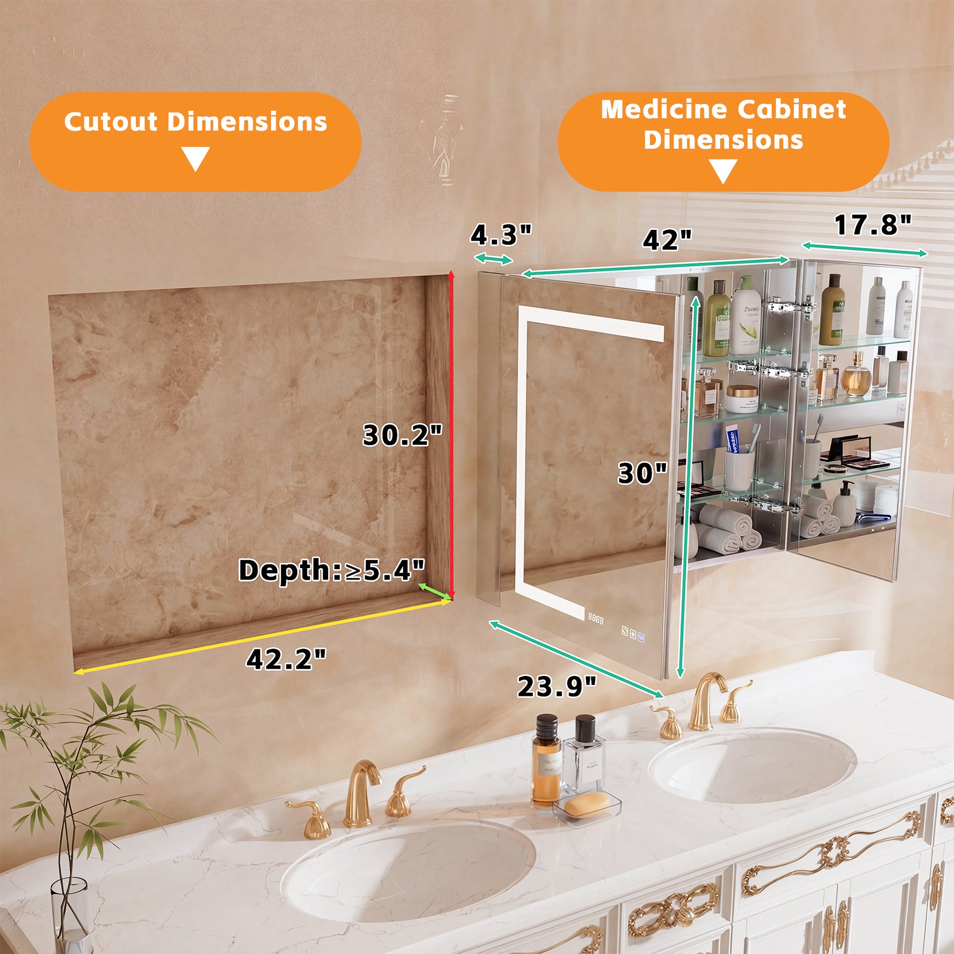 42" W x 30" H LED Lighted Bathroom Medicine Cabinet with Mirror, Tempered Glass Door, Anti-Fog Function and Adjustable Shelves Storage Cabinet