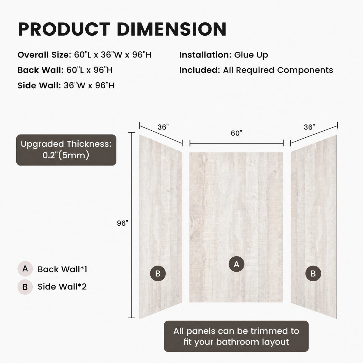 60"x36"x96" SMC Shower Wall Panels, Waterproof Grout-Free Shower Surround in 4 Finishes