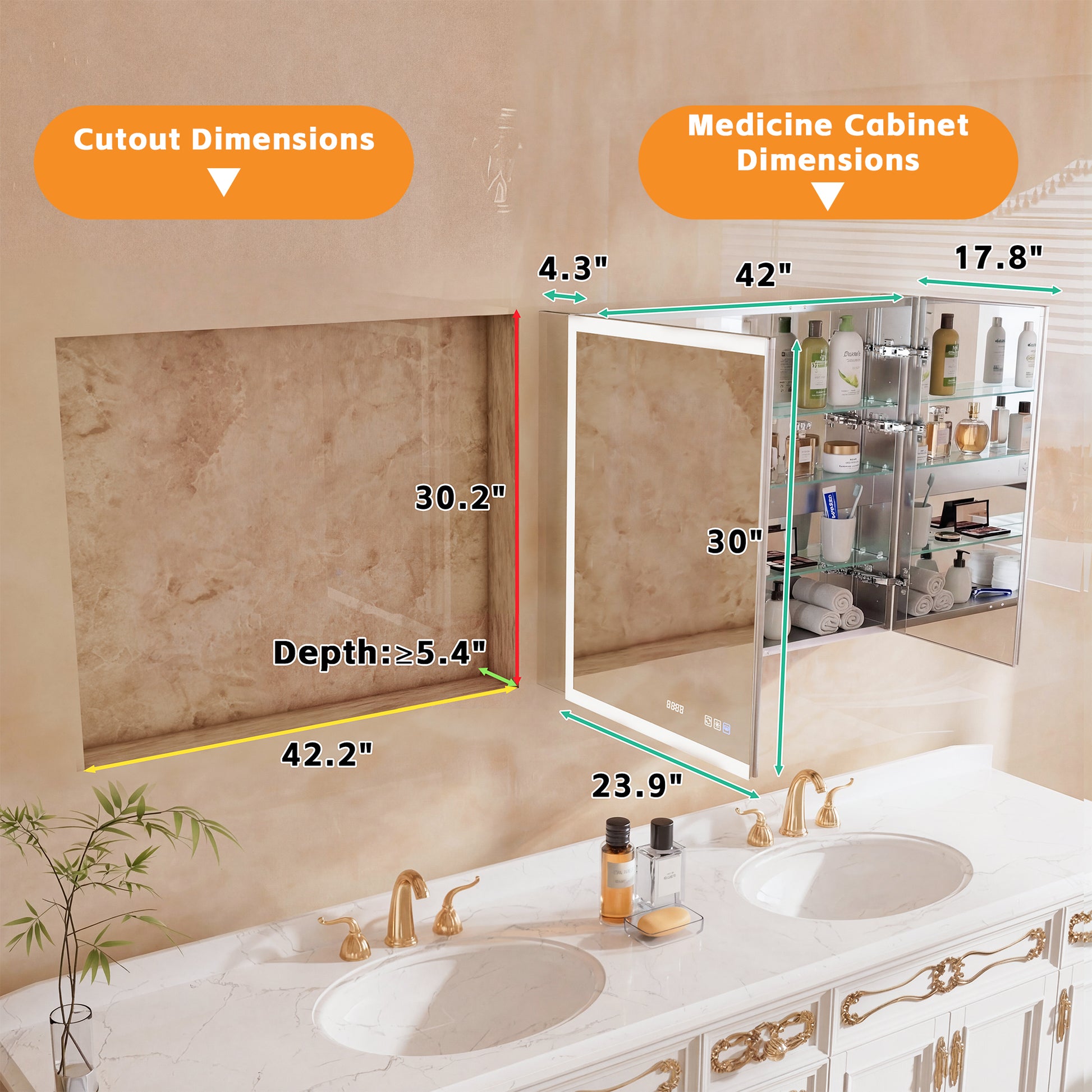 42" W x 30" H LED Lighted Bathroom Medicine Cabinet with Mirror, Tempered Glass Door, Anti-Fog Function and Adjustable Shelves Storage Cabinet