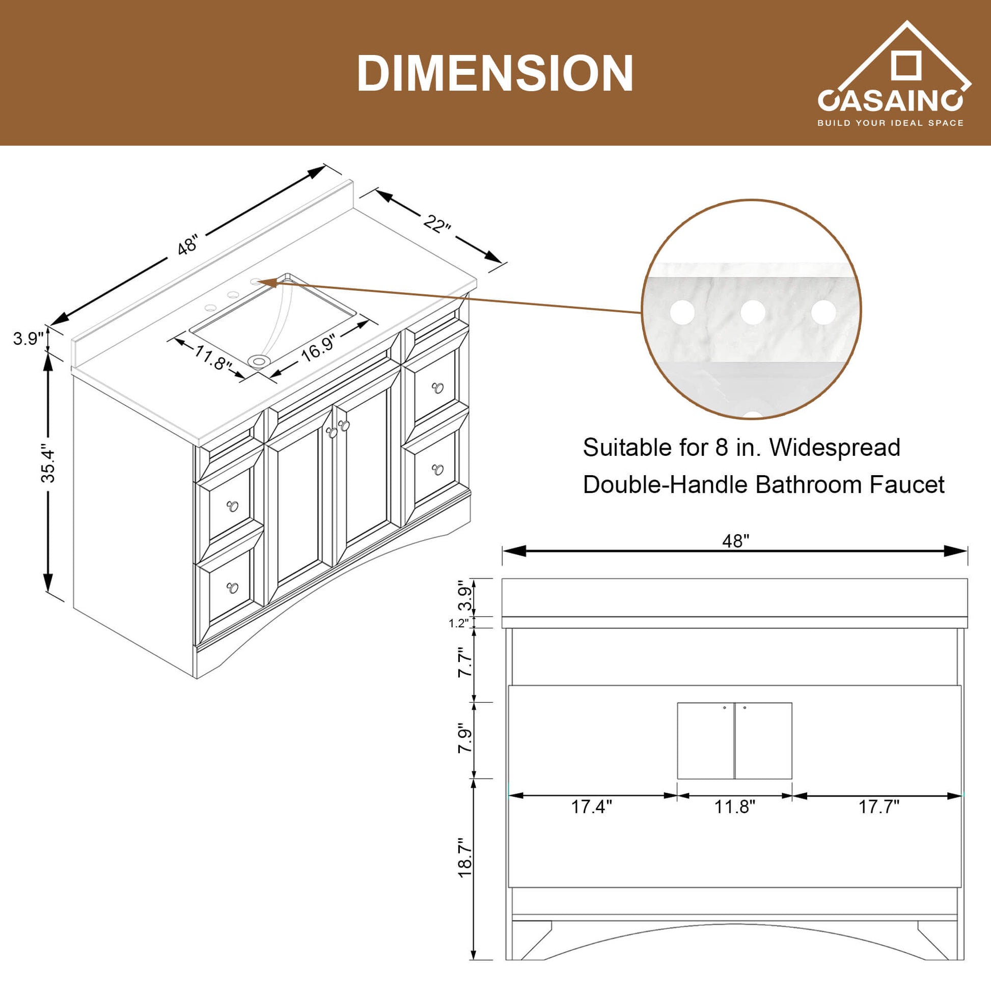 CASAINC 48 x 22 x 35.4 in. Solid Wood Navy Blue Bath Vanity with Carrara White Marble Countertop (No/With Mirror)