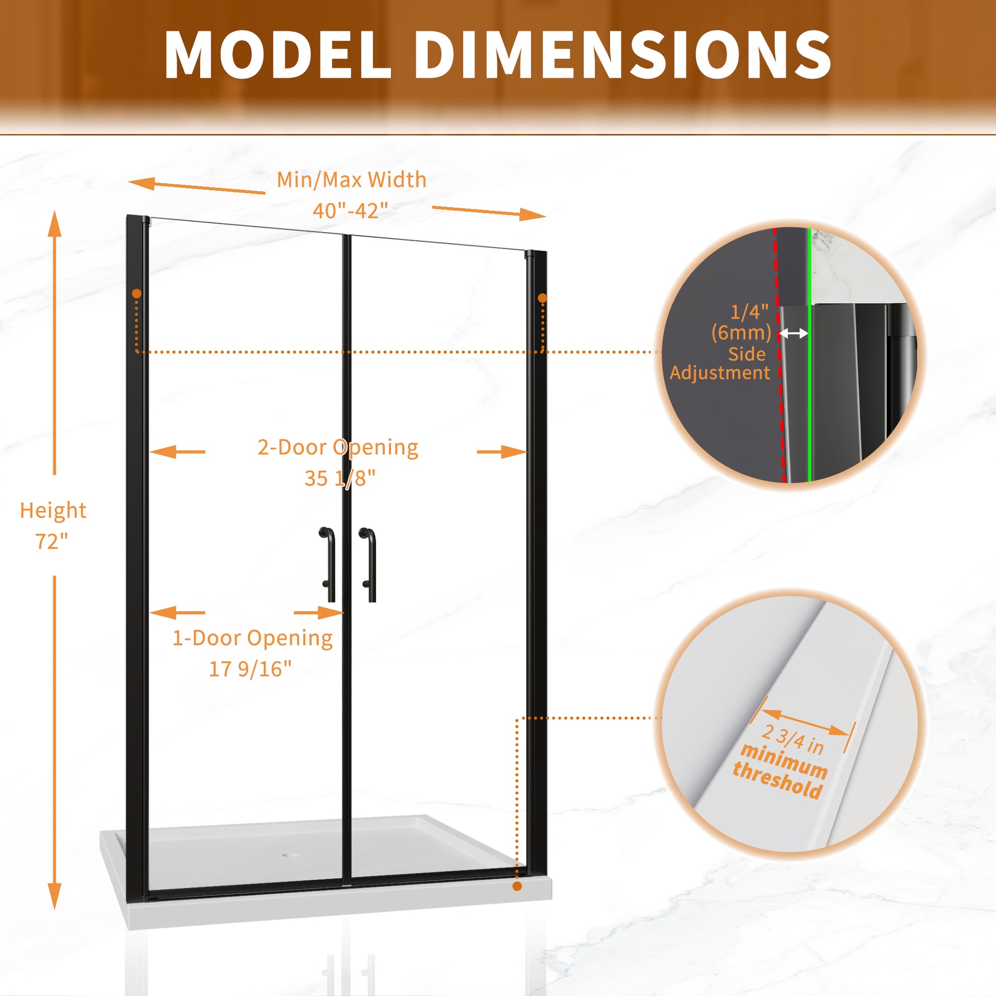 42" x 72" Framed Sliding Shower Door with Soft-Close Mechanism and 6mm Tempered Glass