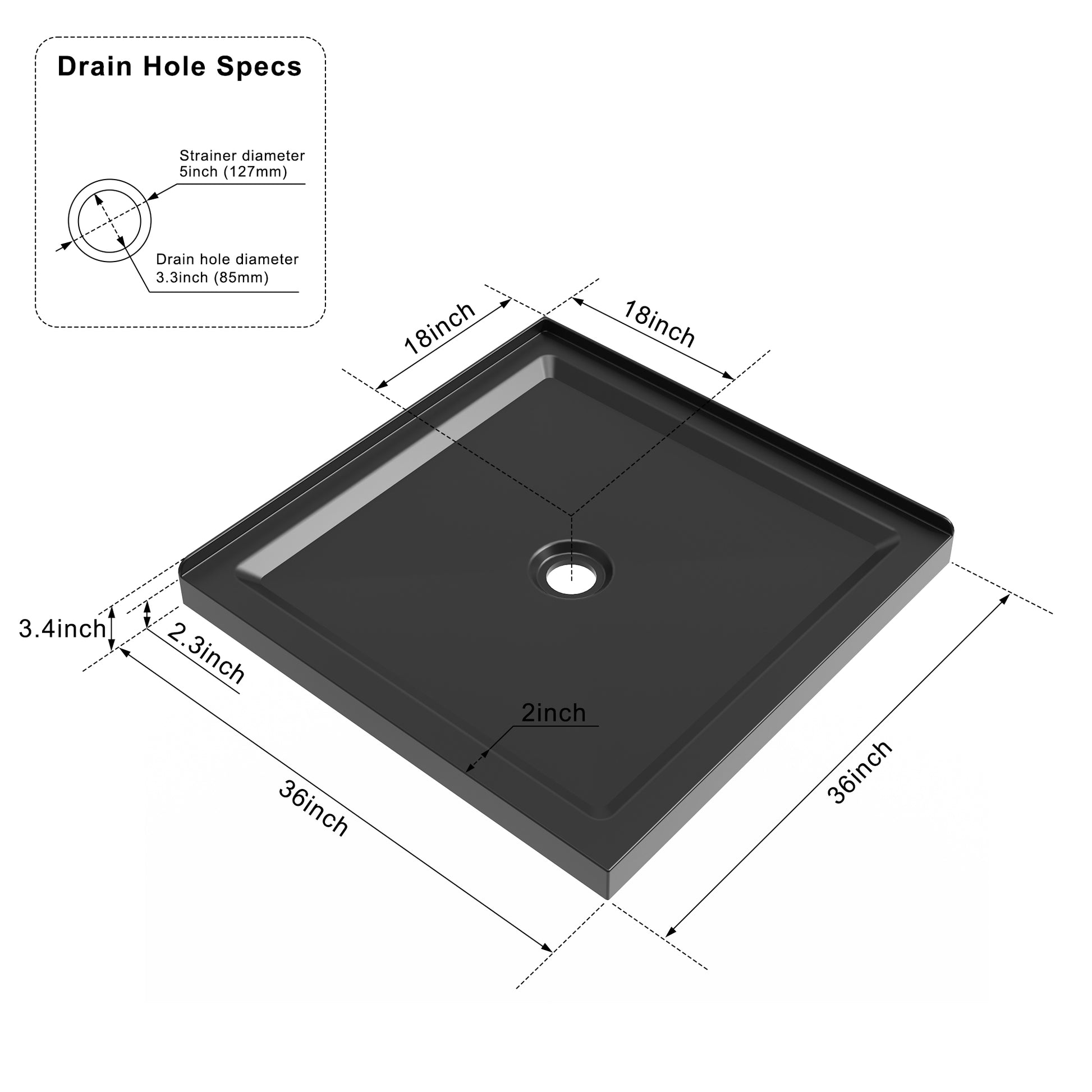 36" x 36" Black Acrylic Shower Base with Center Drain, Anti-Slip Double Threshold Design