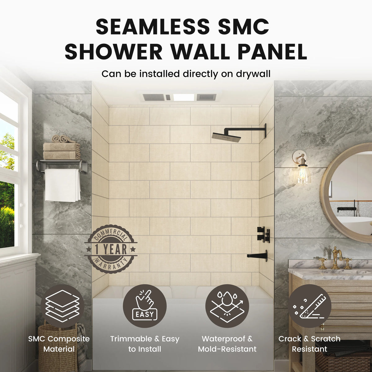 60"x36"/48"x96" Medium Tile Pattern SMC Shower Wall Panel System in 4 Finishes