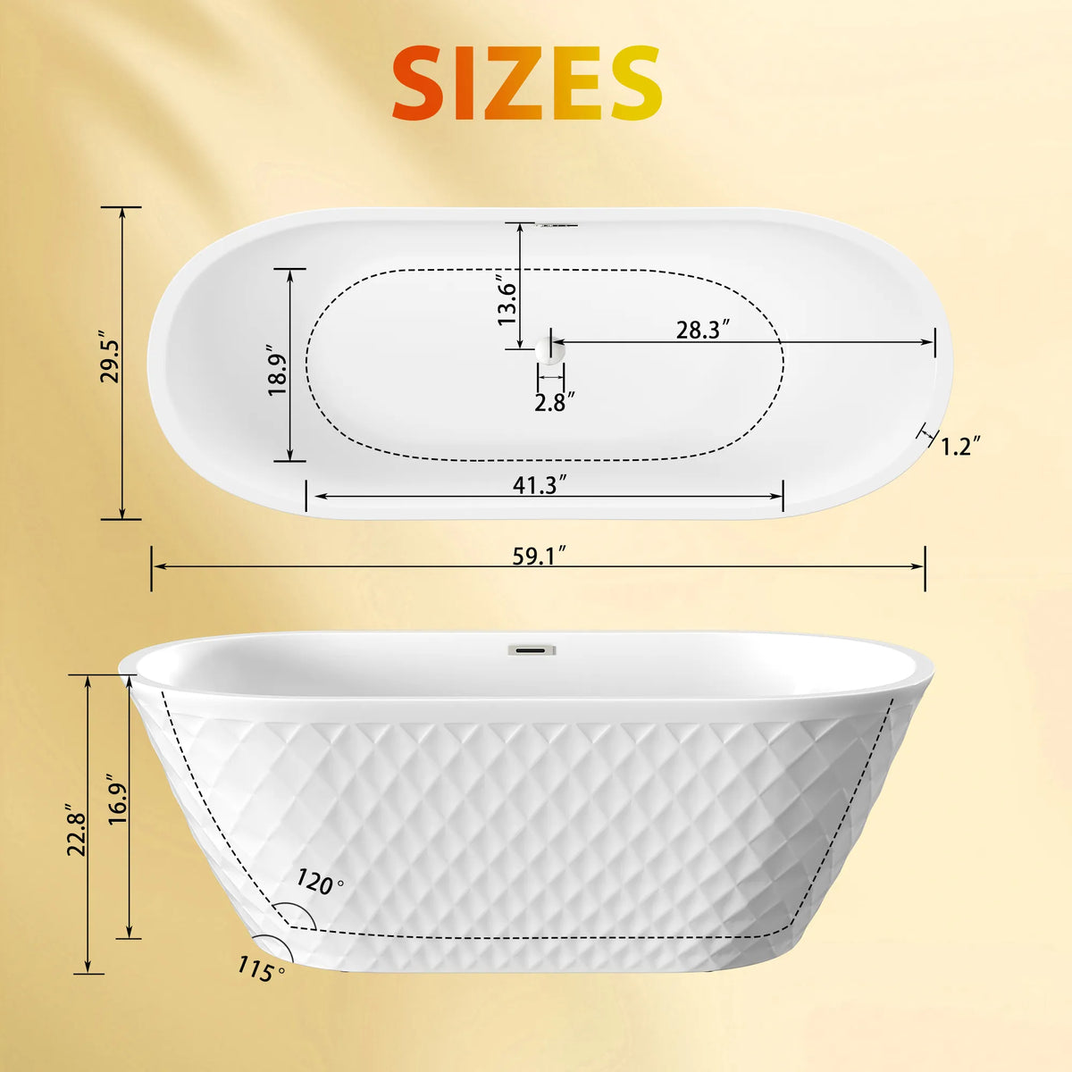 59" Gloss White Diamond-Pattern Exterior Acrylic Freestanding Bathtub with Chrome Overflow and Pop-Up Drain