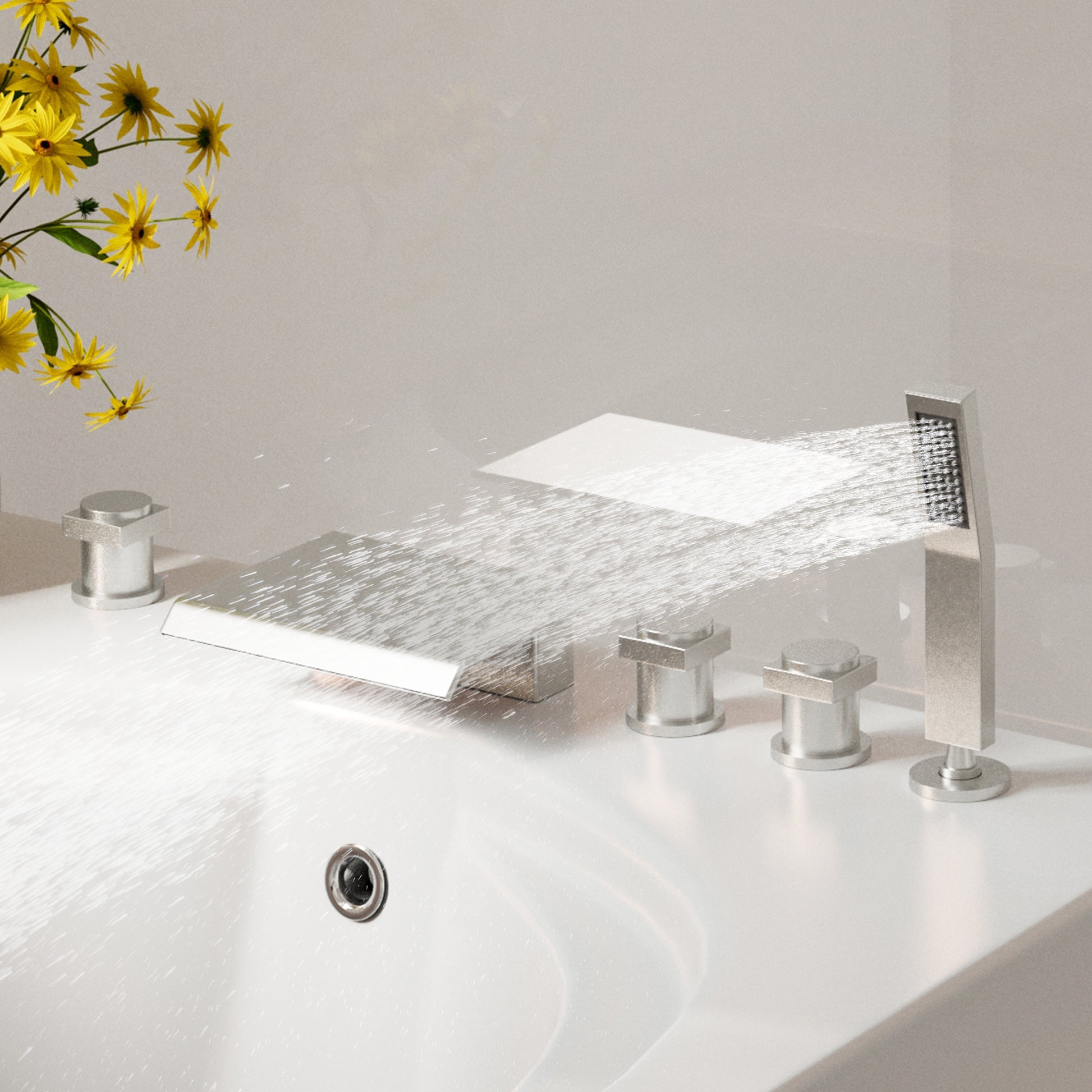 3-Handle 5 Holes Deck-Mounted Bathtub Faucet with Handheld Shower