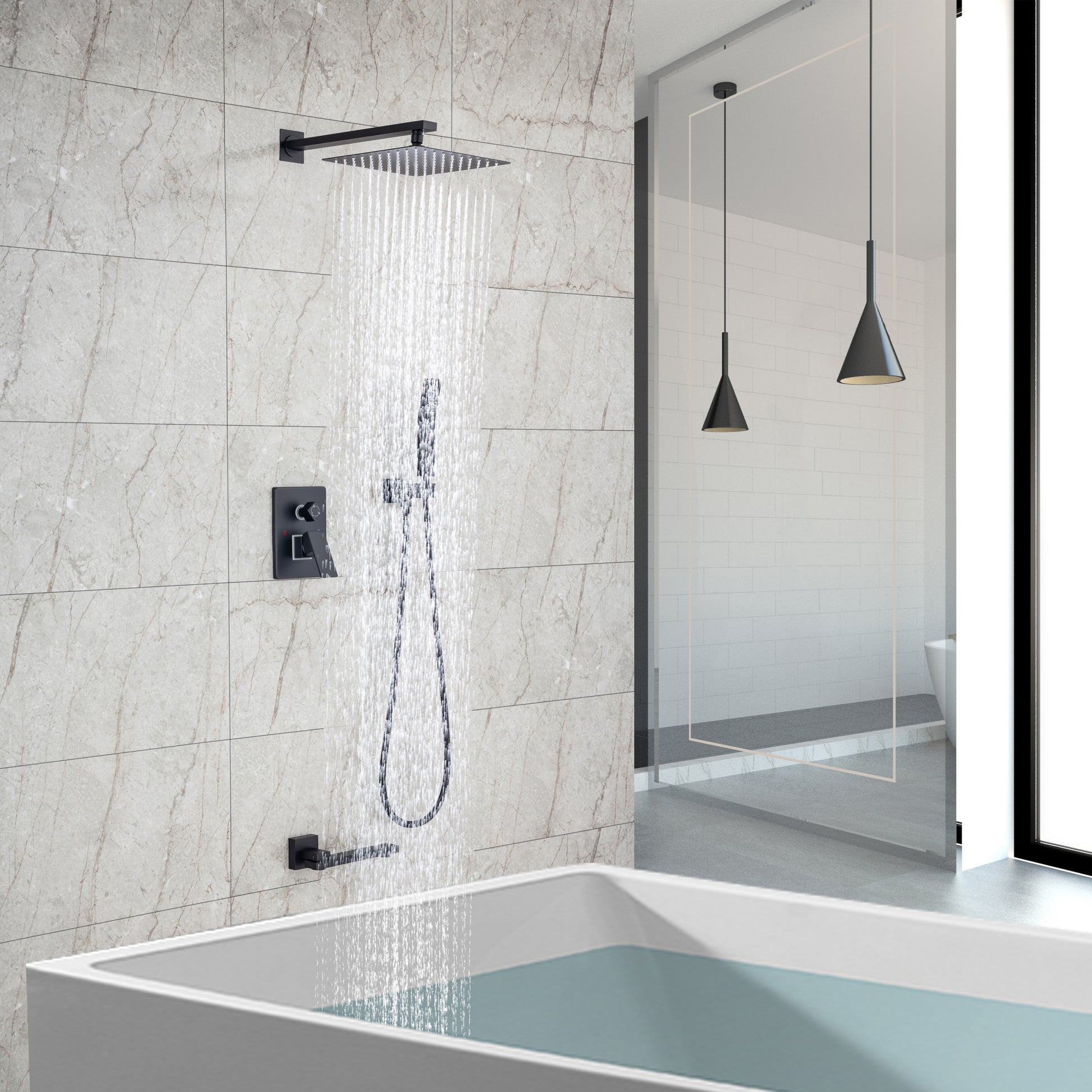 10-inch Wall-Mount Matte Black Shower System with Tub Filler