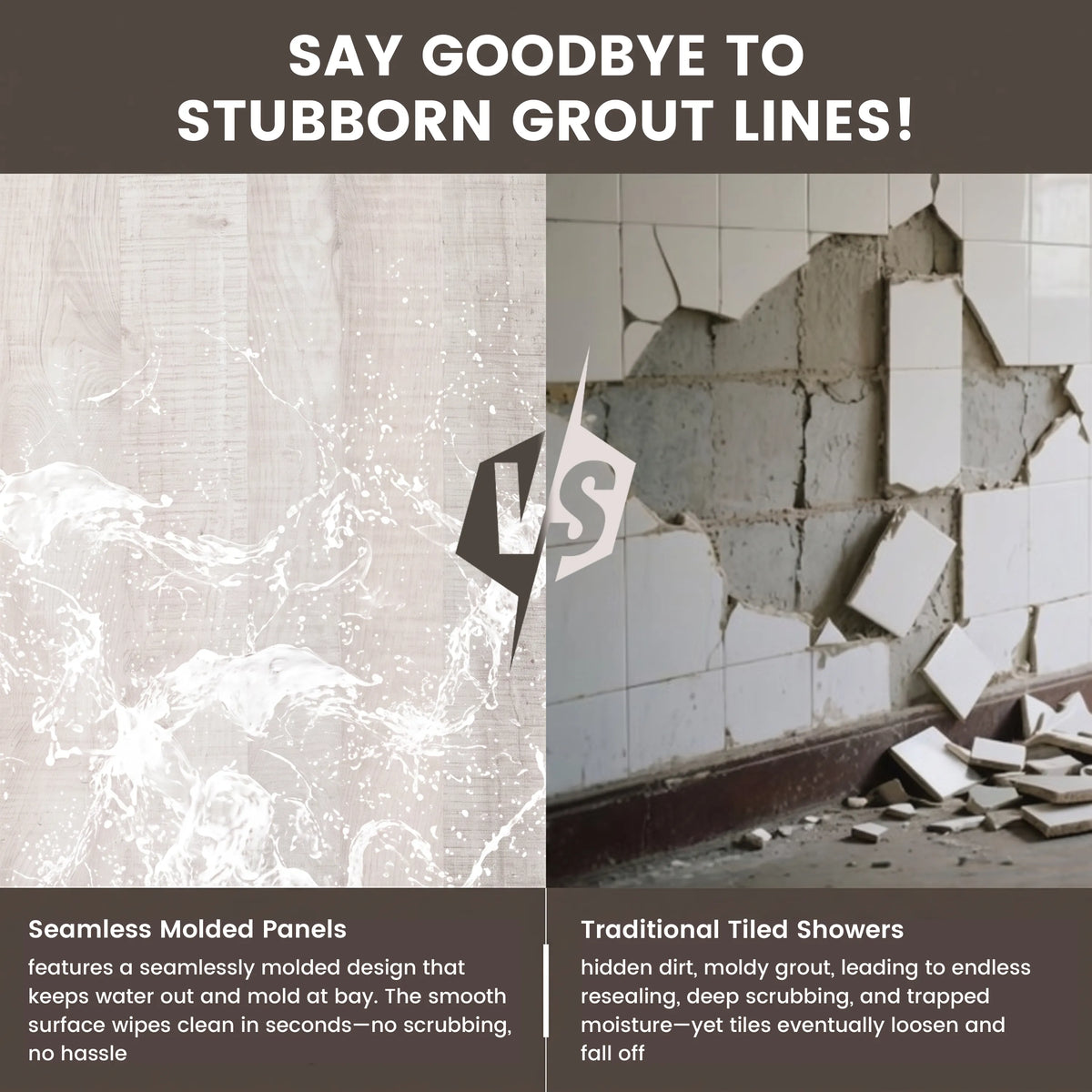 60"x36"x96" SMC Shower Wall Panels, Waterproof Grout-Free Shower Surround in 4 Finishes