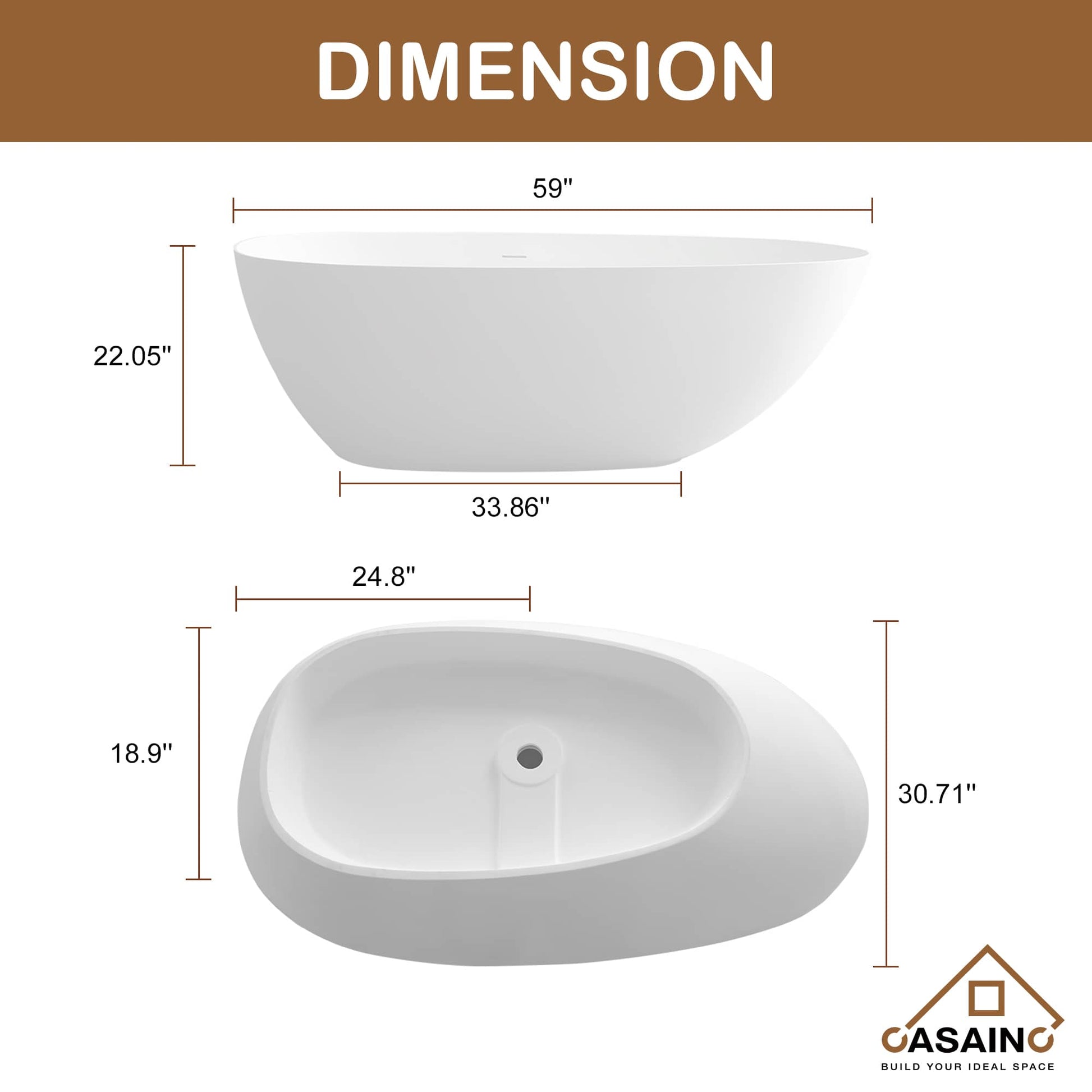 CASAINC 59 Inch Artificial Stone Resin Composite Flatbottom Bathtub in White