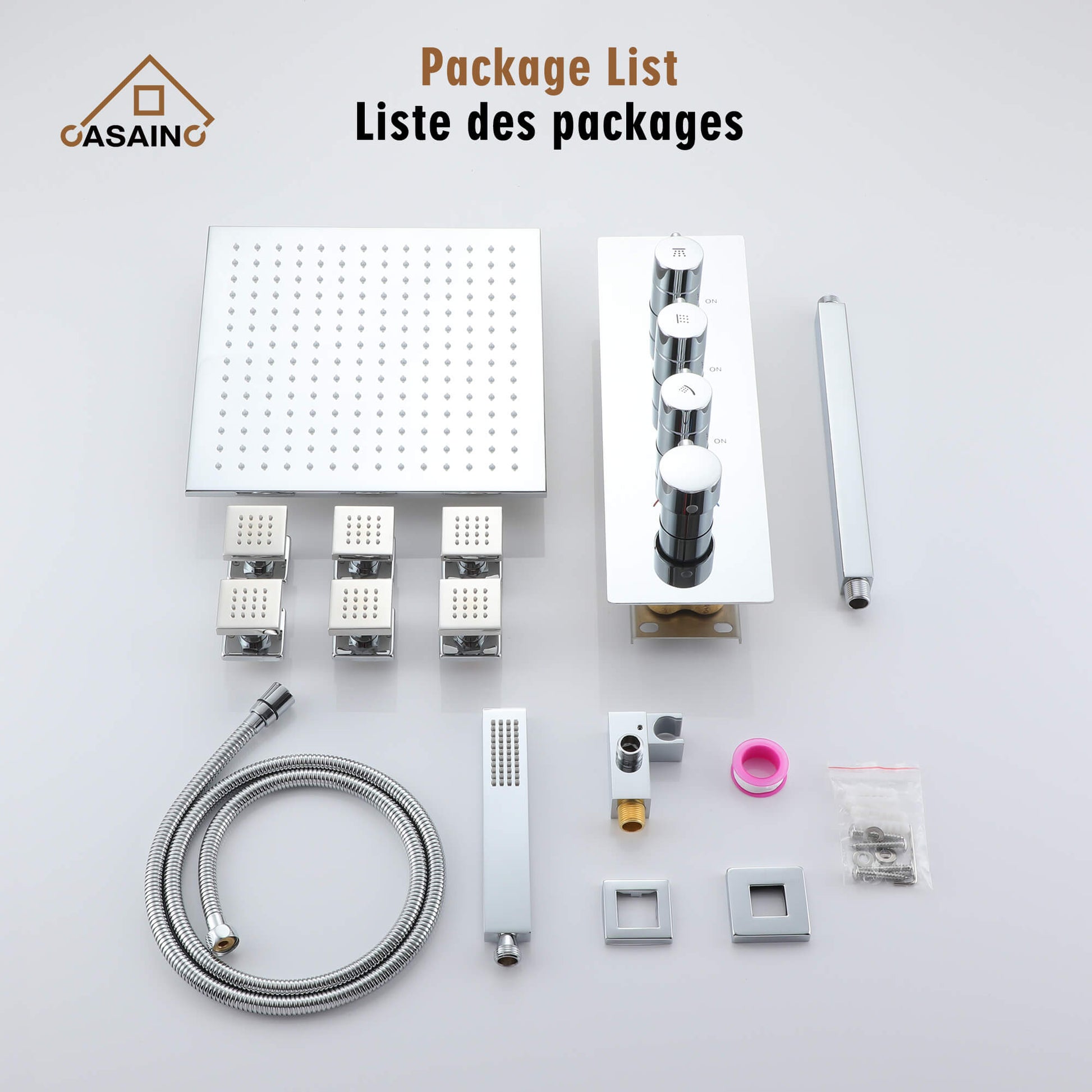 CASAINC Chrome 12 Inch 6-Spray Rainfall Built-In Shower System