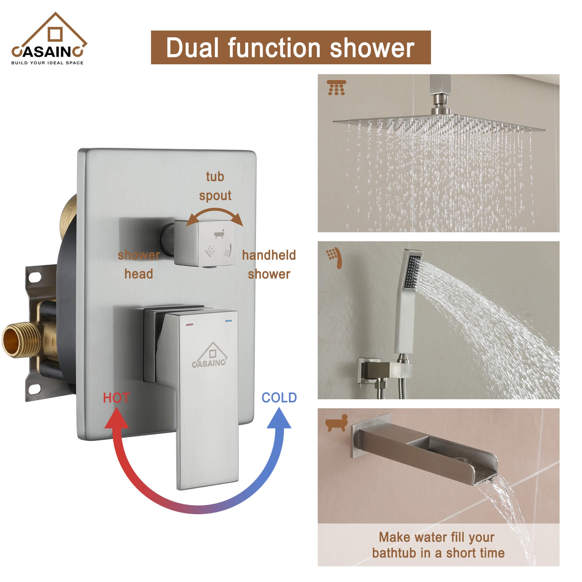 CASAINC Shower System with Cascading Tub Filler