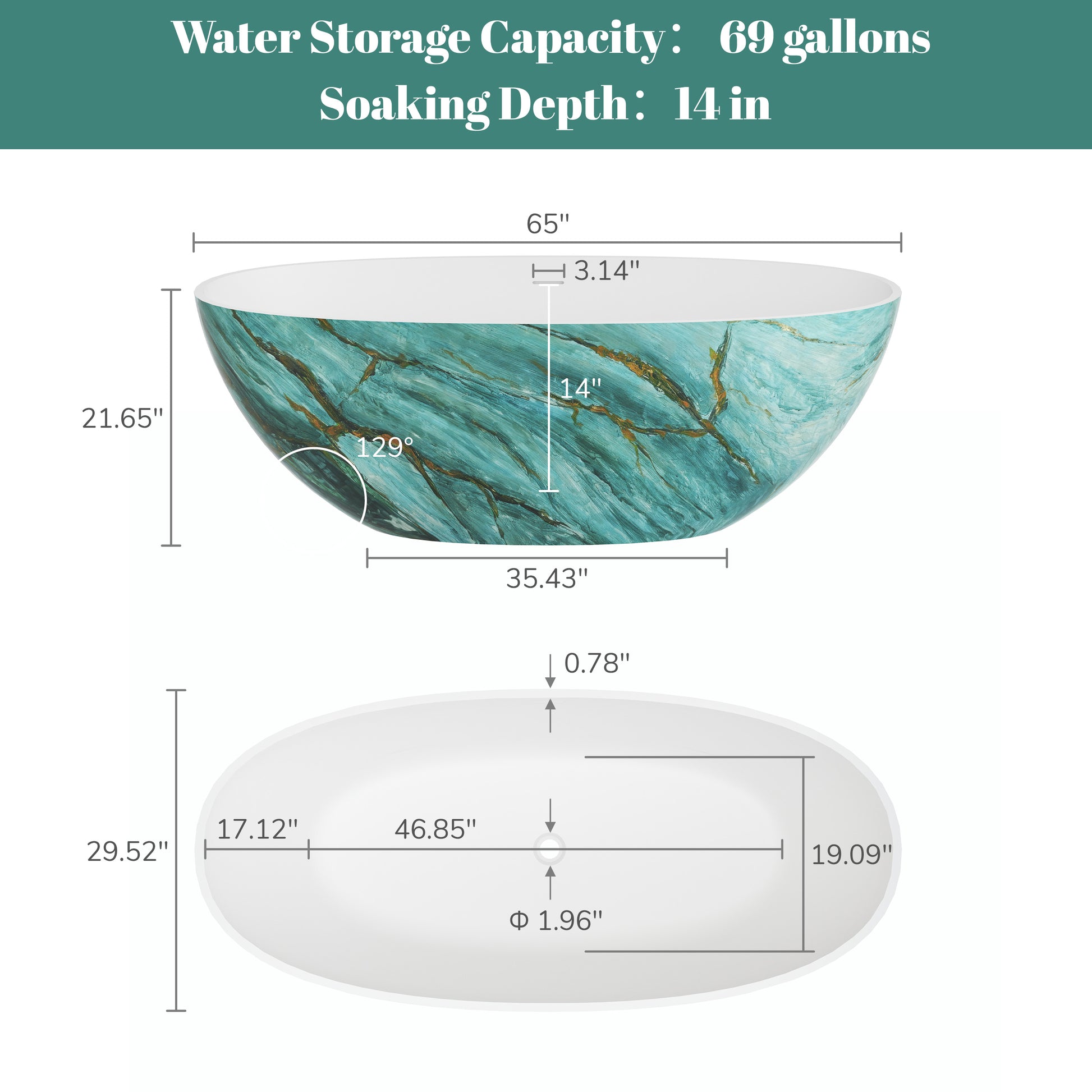 65" Freestanding Oval Solid Surface Soaking Bathtub in Emerald-Green with Center Drain & Overflow