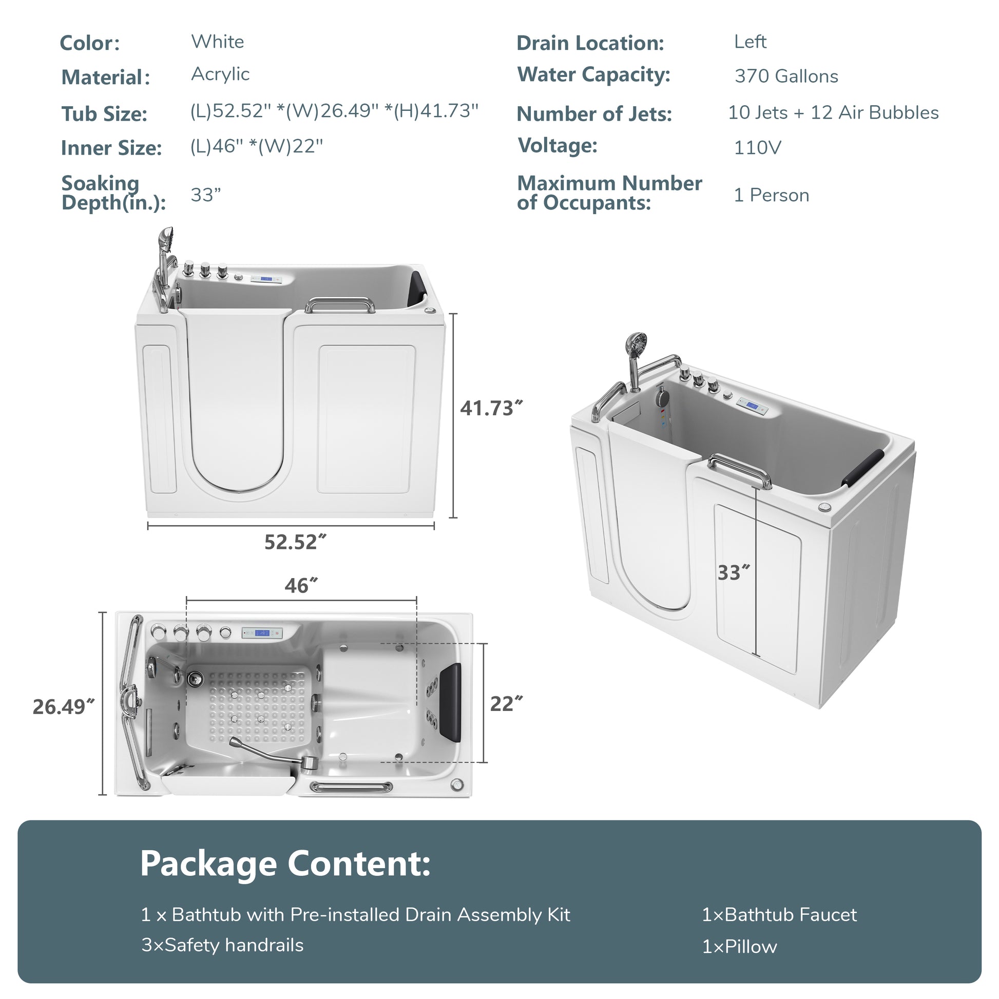 52" Walk-In Whirlpool Bathtub with Hydro-Air Massage, Heater & Ozone Sanitization