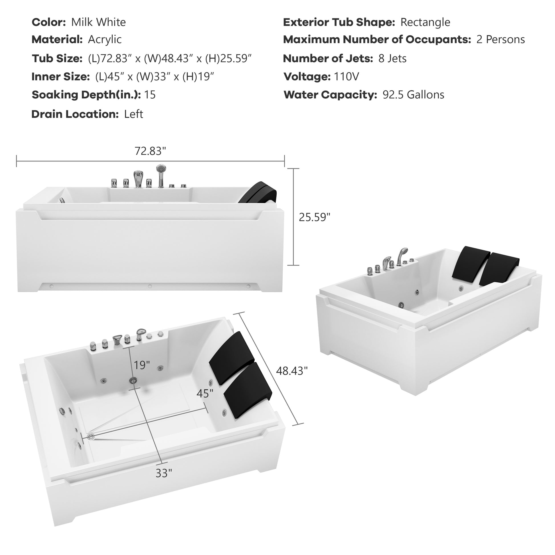 73" Two-Person Whirlpool Tub with Hydro Massage Jets & Chromotherapy Lighting