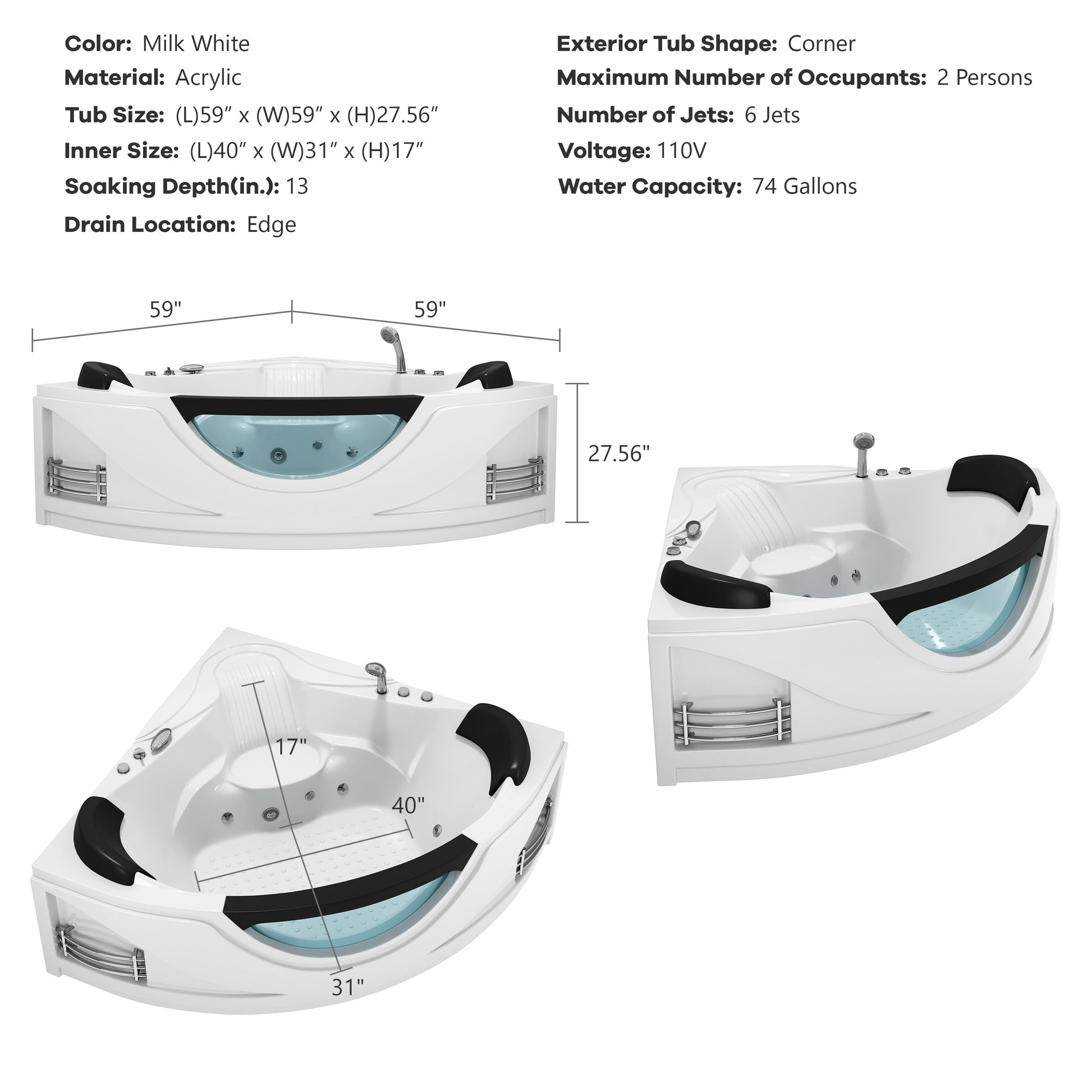 59" Corner Whirlpool Massage Bathtub for 2 Persons with Hydrotherapy Jets & LED Mood Lighting