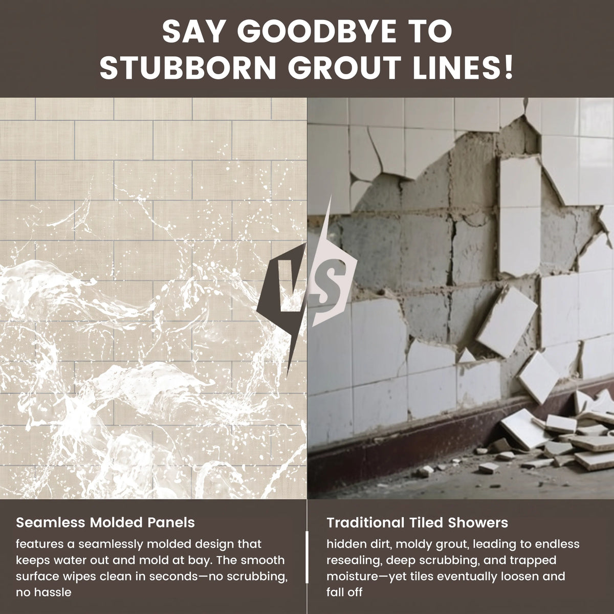 60"x36"/48"x96" Medium Tile Pattern SMC Shower Wall Panel System in 4 Finishes