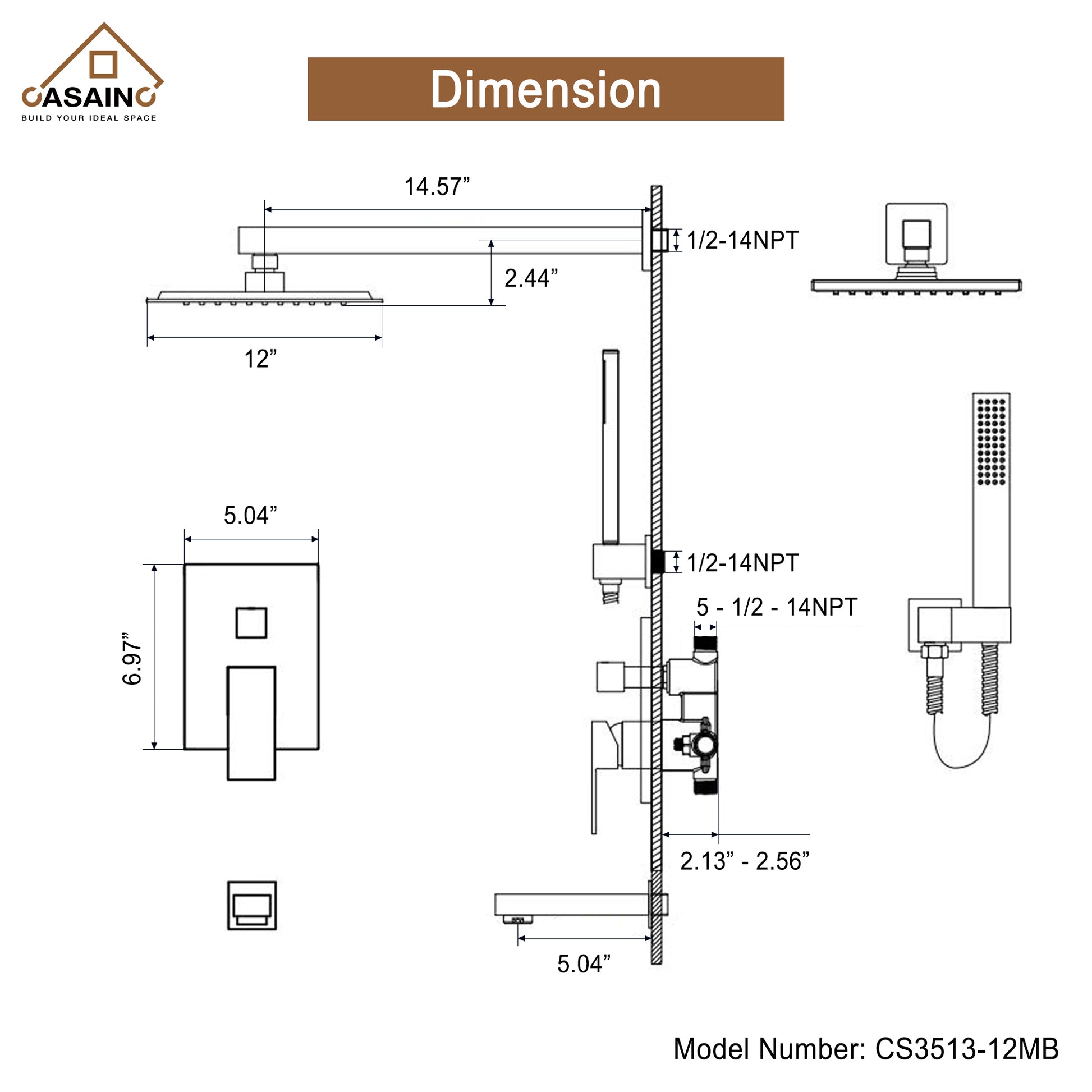 CASAINC 12 inch Wall Mounted Shower System with Bathtub Faucet and Hand Shower
