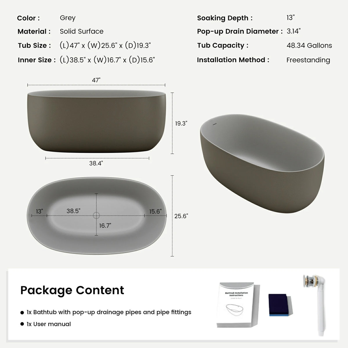 47" Freestanding Stone Resin Soaking Bathtub with One-Side Overflow, Turquoise Green/Beige/Cream Grey/Grey
