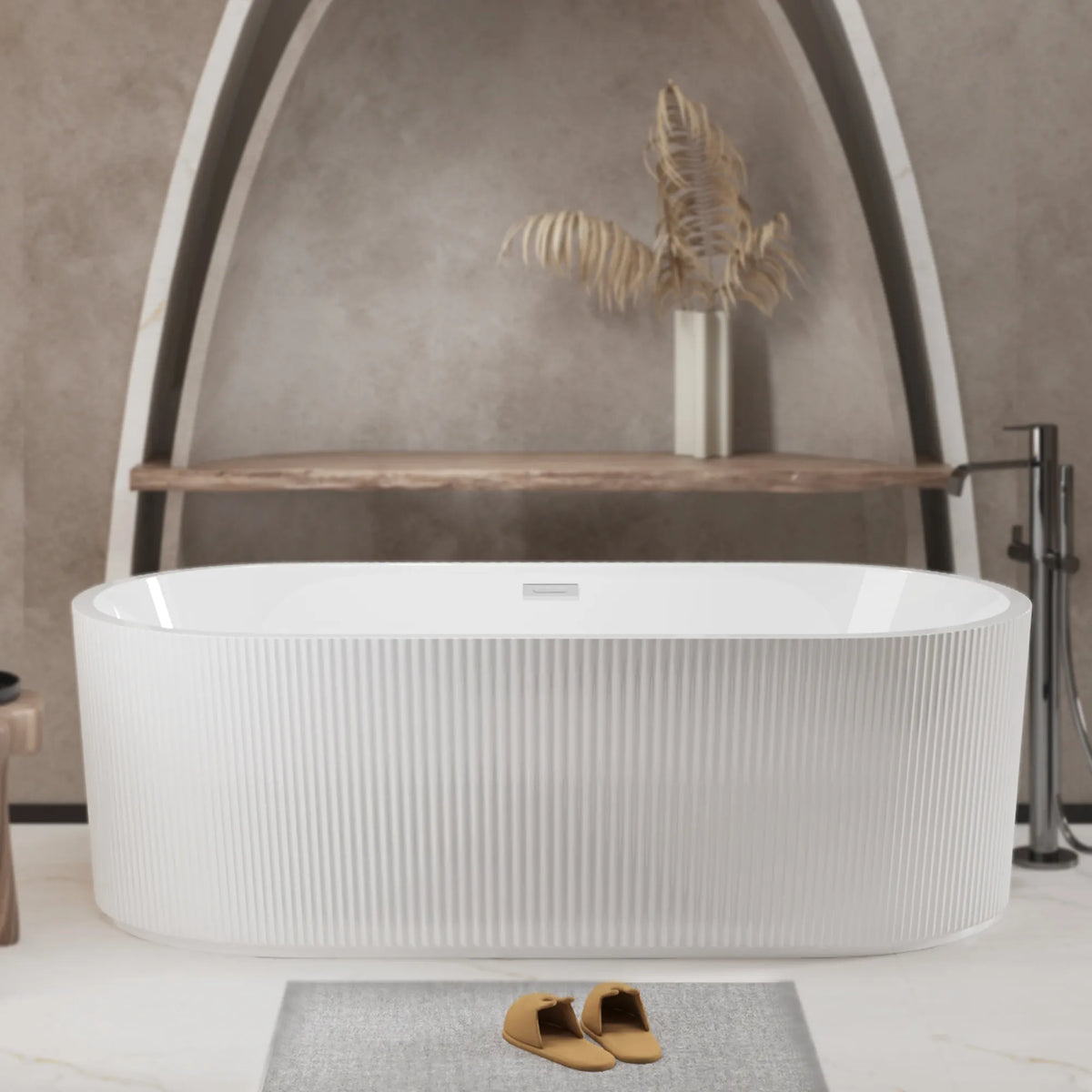 59"/67" Acrylic Freestanding Bathtub with Vertical Fluted Exterior, Gloss Black/White