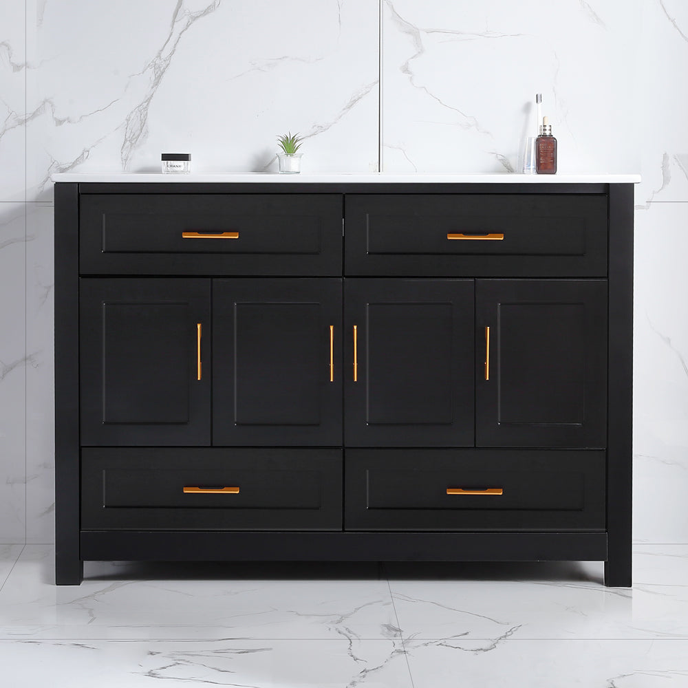 48" Black Bathroom Vanity with Ceramic Sink Combo, 4 Soft close doors and 4 drawers