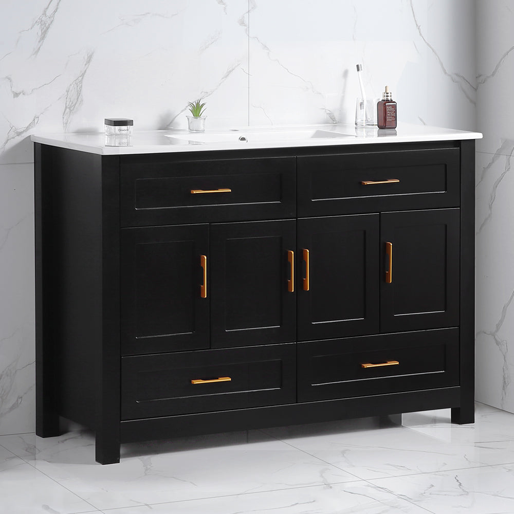 48" Black Bathroom Vanity with Ceramic Sink Combo, 4 Soft close doors and 4 drawers