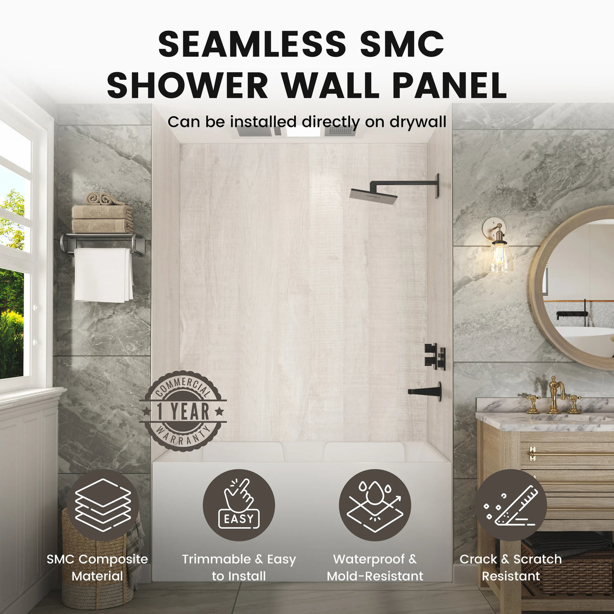 60"x36"x96" SMC Shower Wall Panels, Waterproof Grout-Free Shower Surround in 4 Finishes