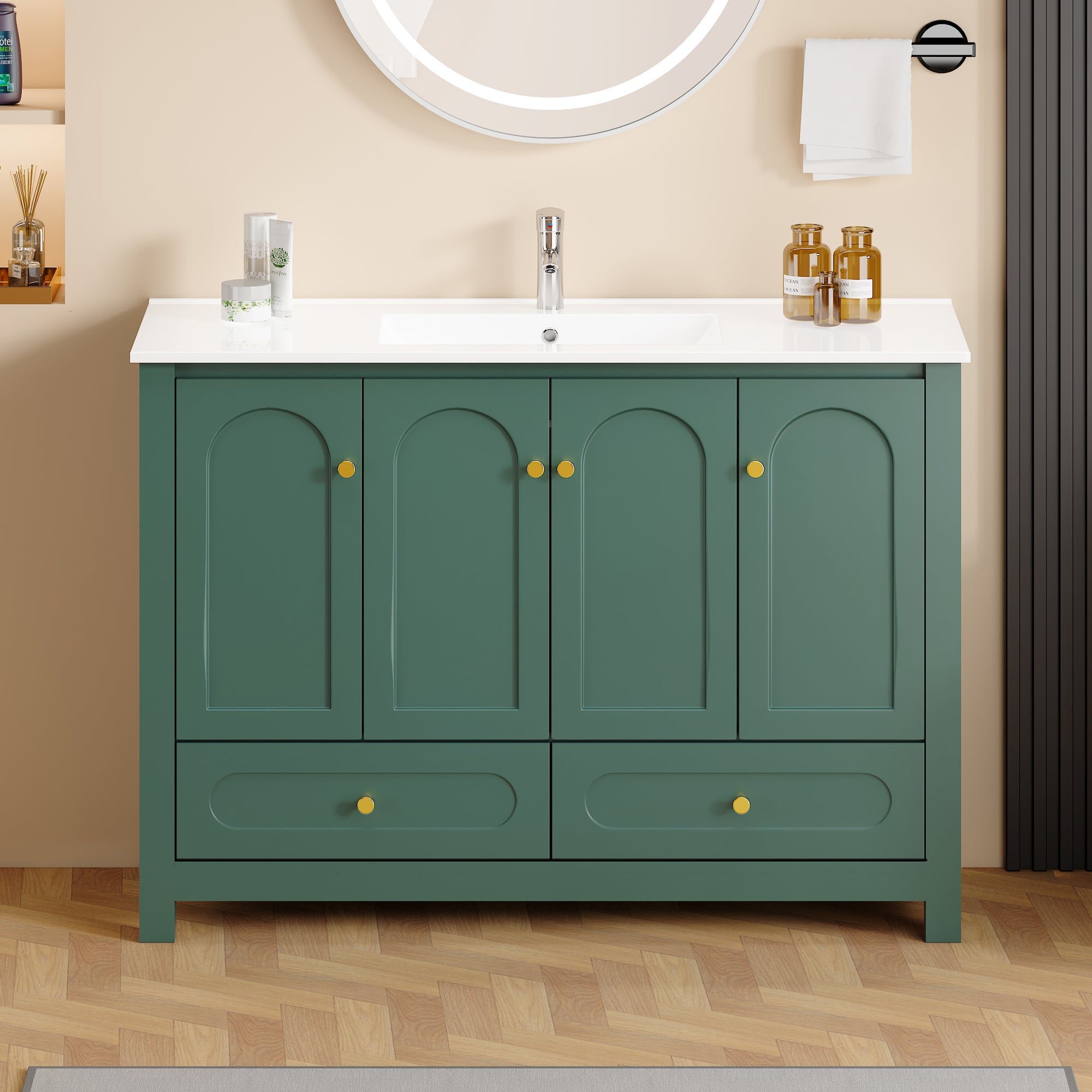48" Green Bathroom Vanity with Ceramic Sink Combo, 4 Soft close doors and 2 drawers