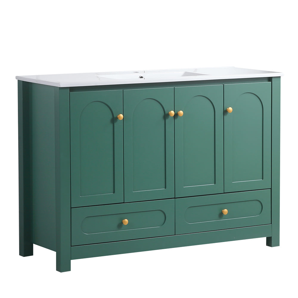 48" Green Bathroom Vanity with Ceramic Sink Combo, 4 Soft close doors and 2 drawers