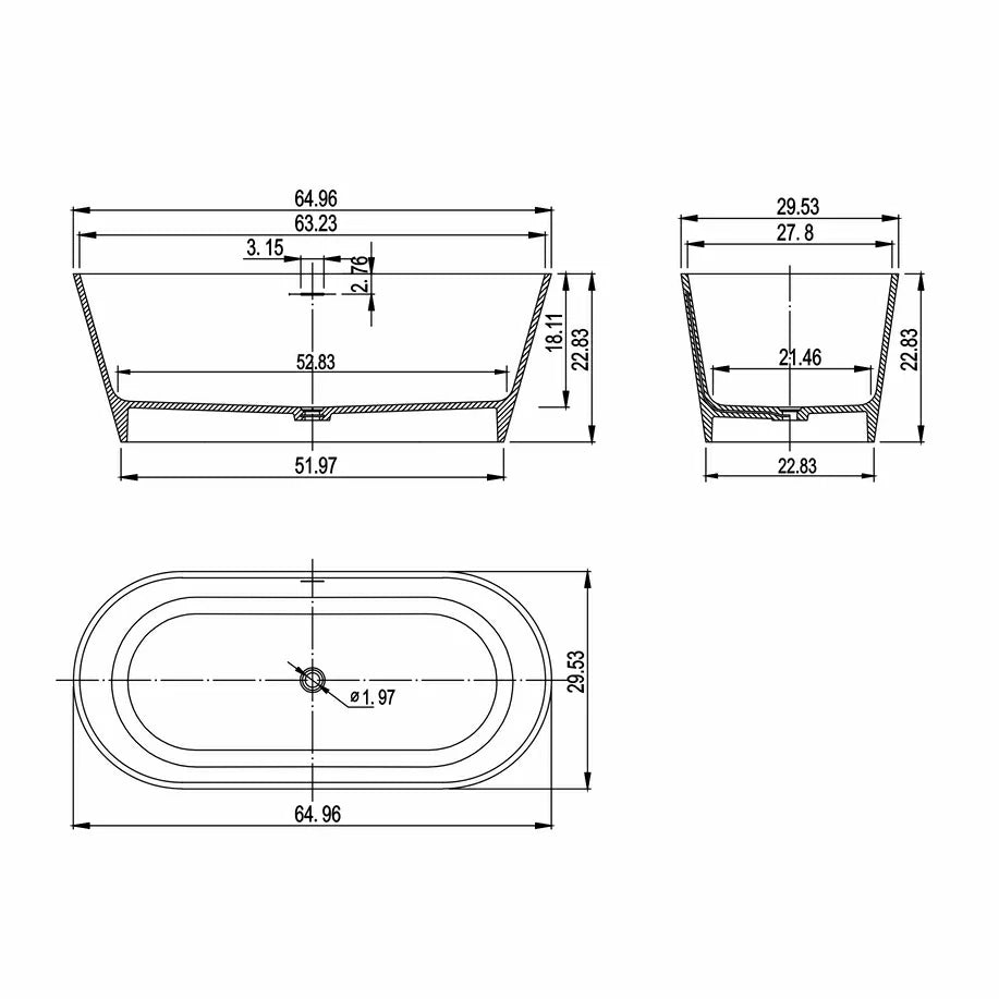55"/ 59"/63"/65"/71" Matt White Solid Surface Freestanding Soaking Bathtub for Bathroom