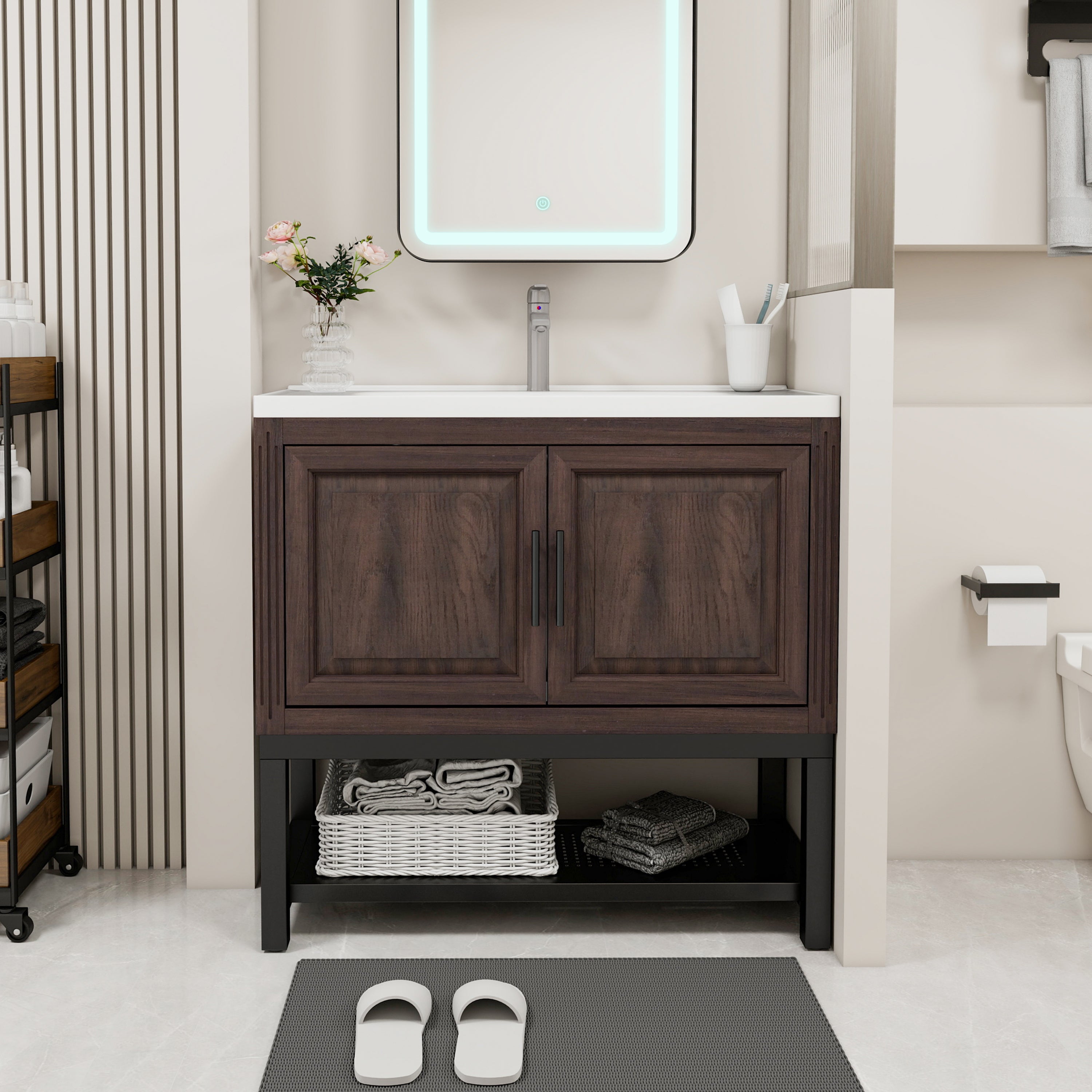 Freestanding Bathroom Vanity with White Ceramic Sink & Hot and Cold Faucet