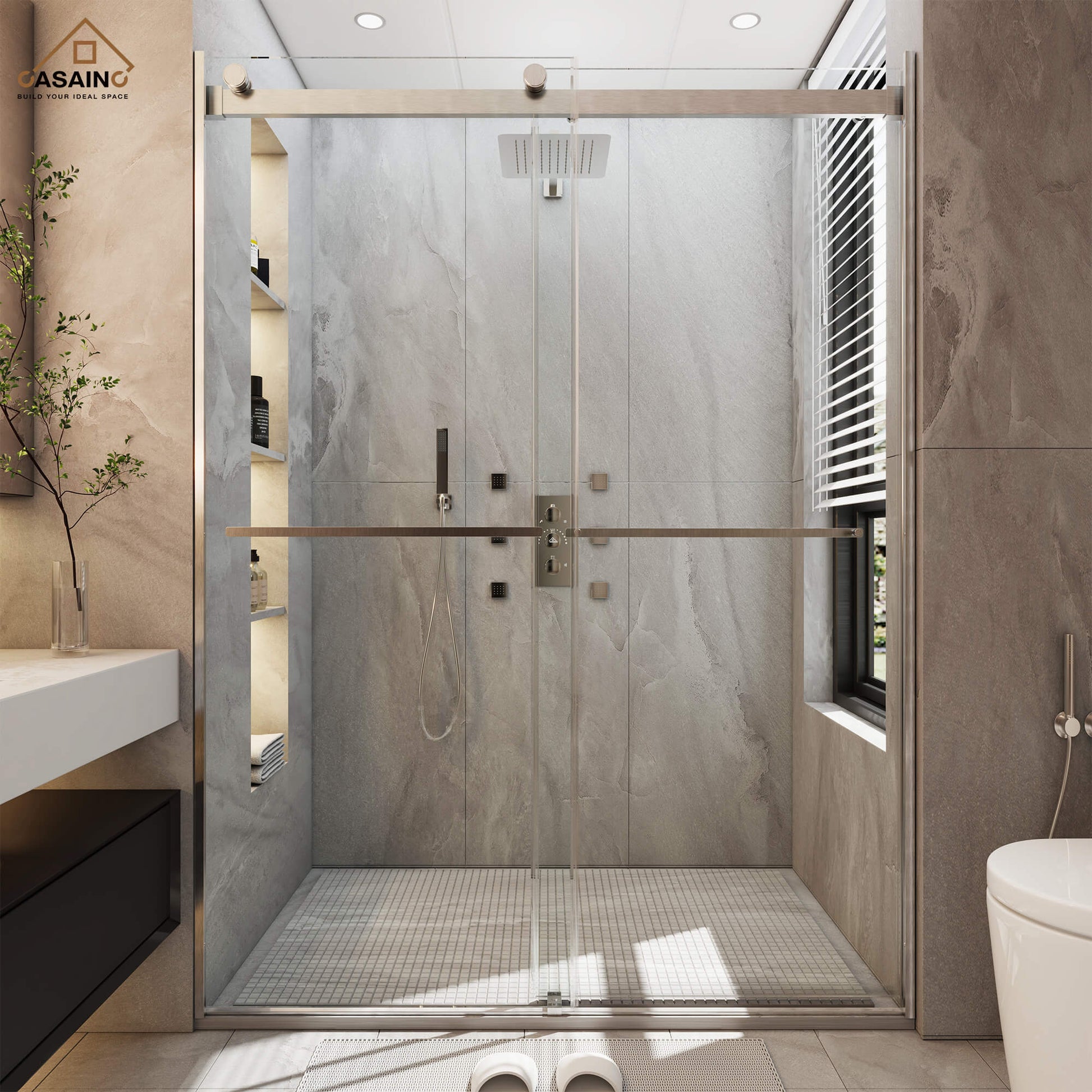 48"x76" Frameless Double Sliding Shower Door in Matte Black/Chrome/Bru