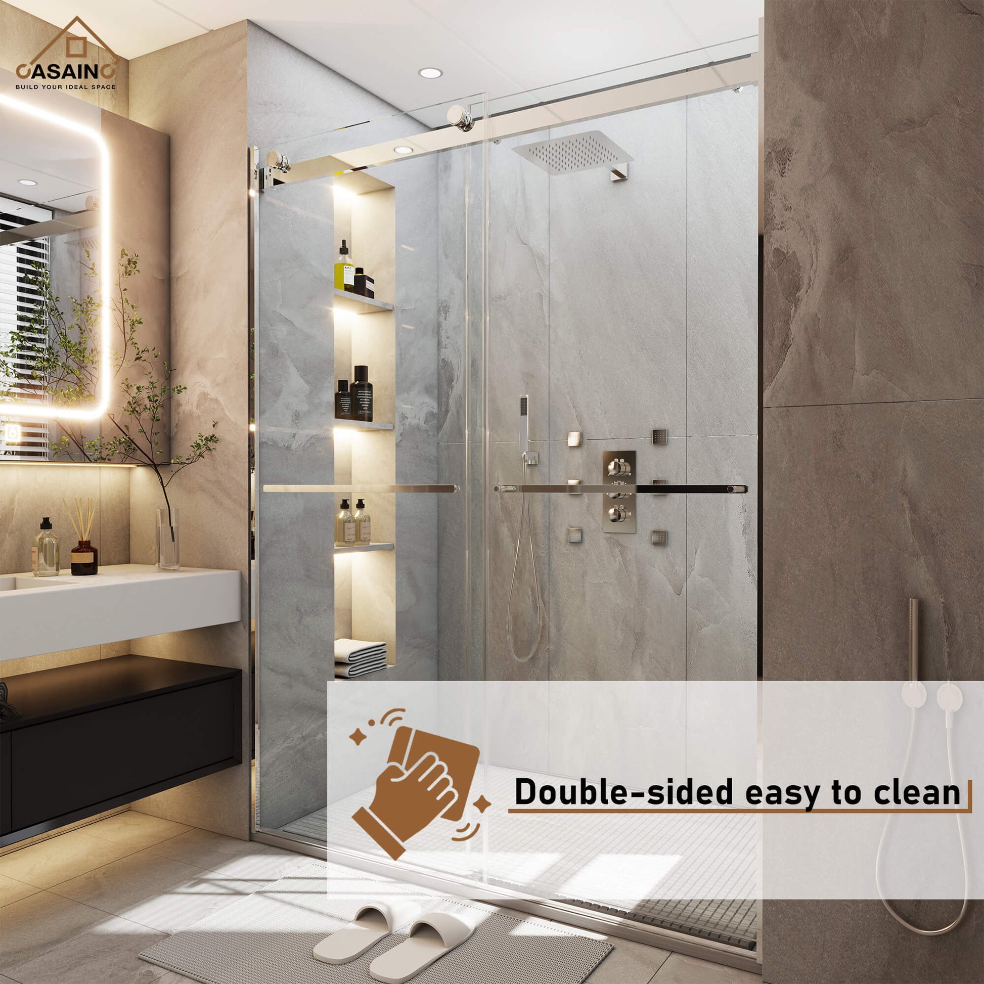 48"x76" Frameless Double Sliding Shower Door in Matte Black/Chrome/Bru