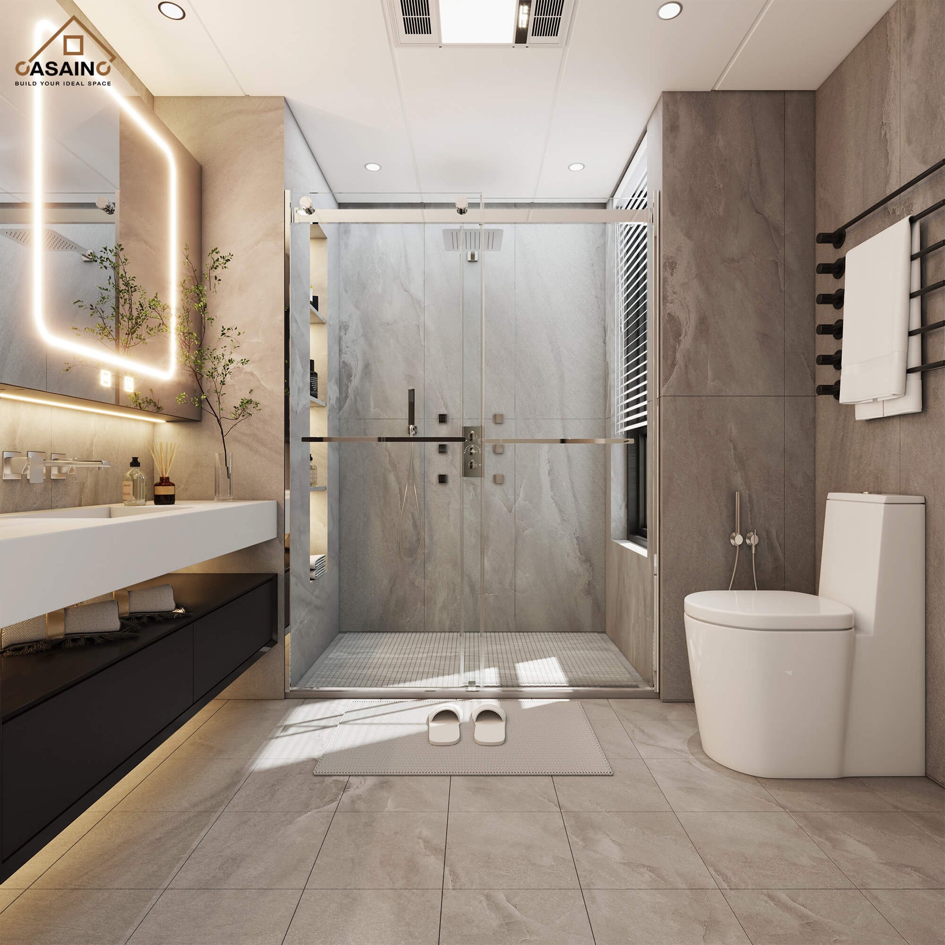 48"x76" Frameless Double Sliding Shower Door in Matte Black/Chrome/Bru