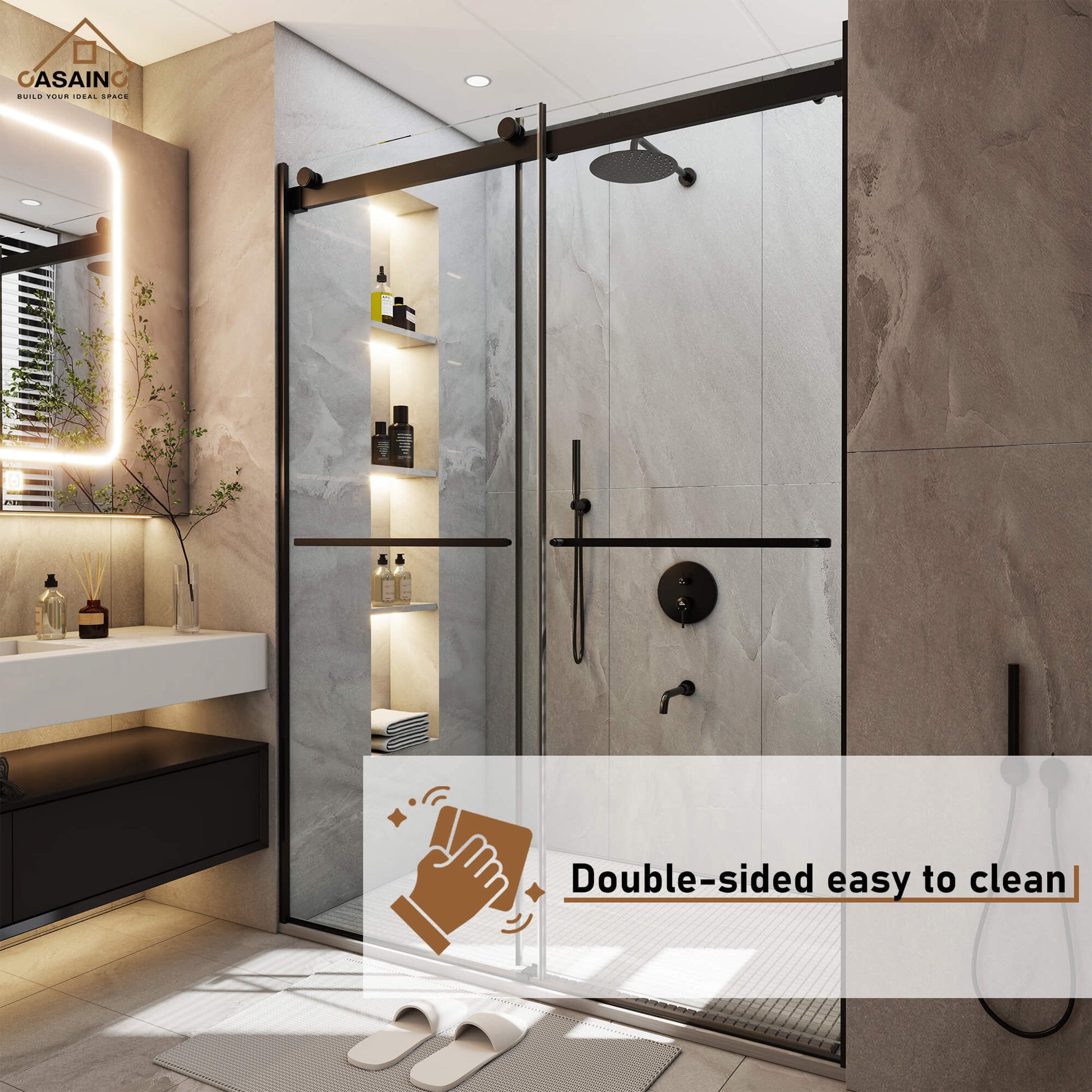 48"x76" Frameless Double Sliding Shower Door in Matte Black/Chrome/Bru