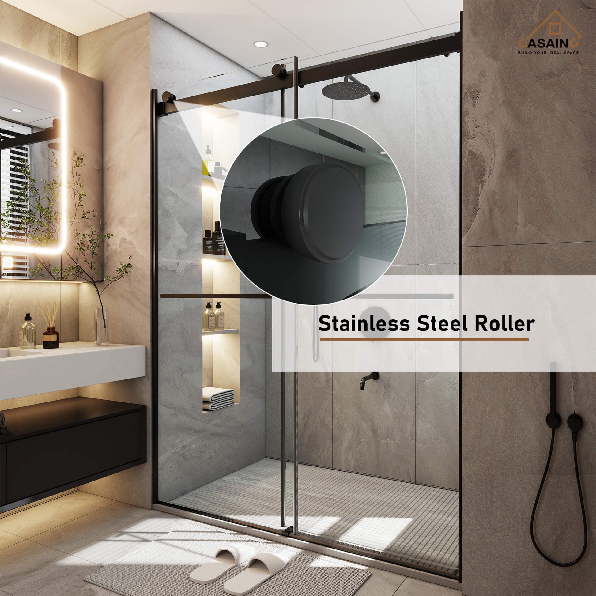 48"x76" Frameless Double Sliding Shower Door in Matte Black/Chrome/Bru