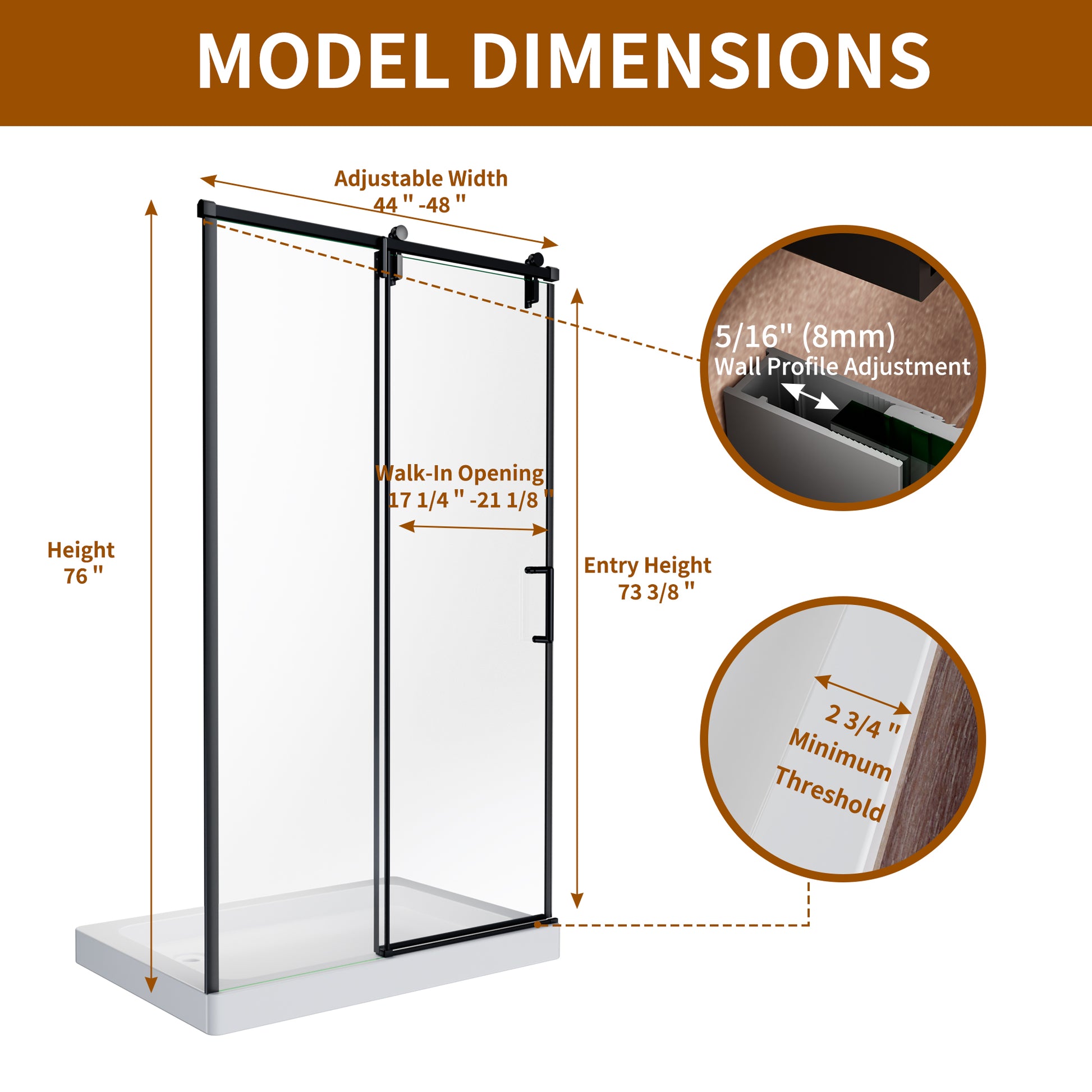 48" x 76" Shower Door and Framed Soft-Close Sliding Shower Door with 6mm Tempered Glass