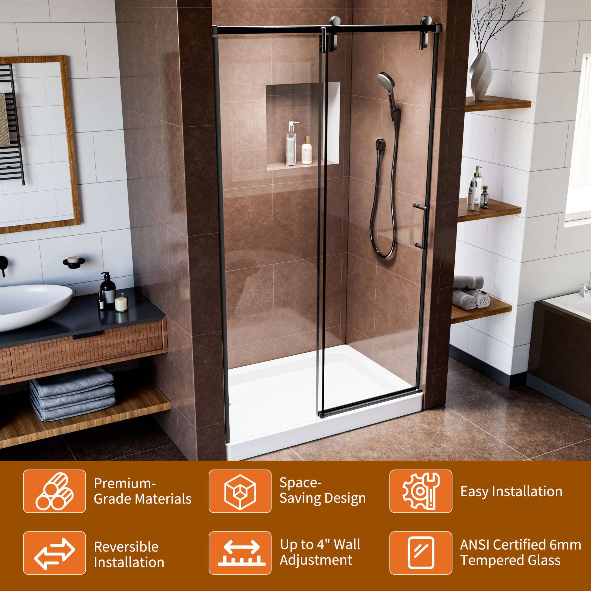 48" x 76" Shower Door and Framed Soft-Close Sliding Shower Door with 6mm Tempered Glass