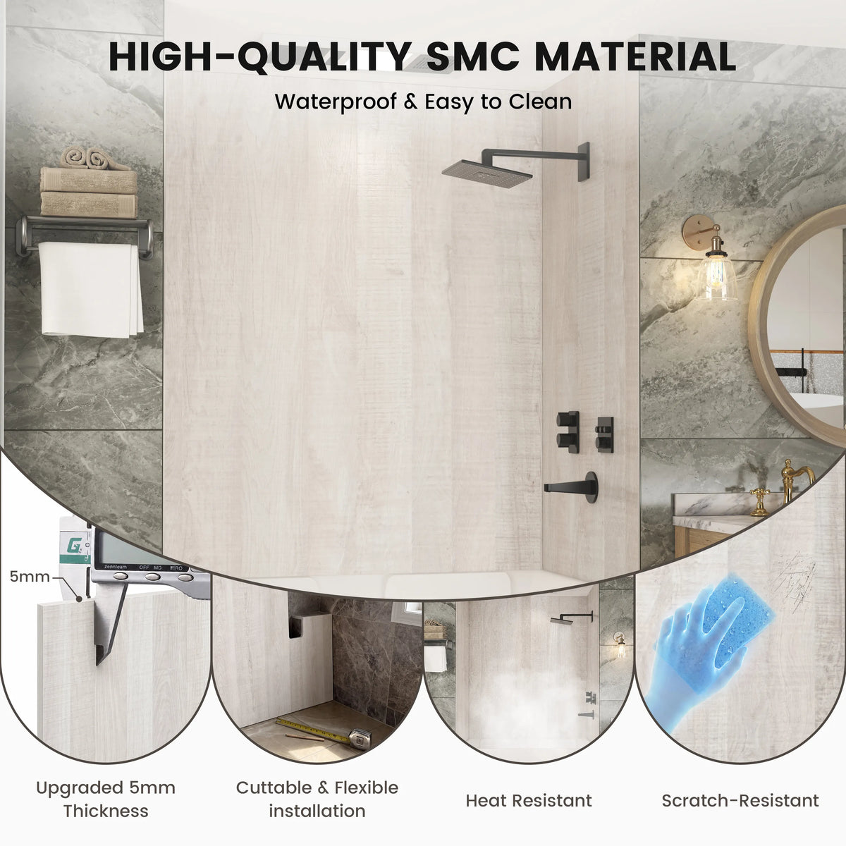 60"x36"x96" SMC Shower Wall Panels, Waterproof Grout-Free Shower Surround in 4 Finishes