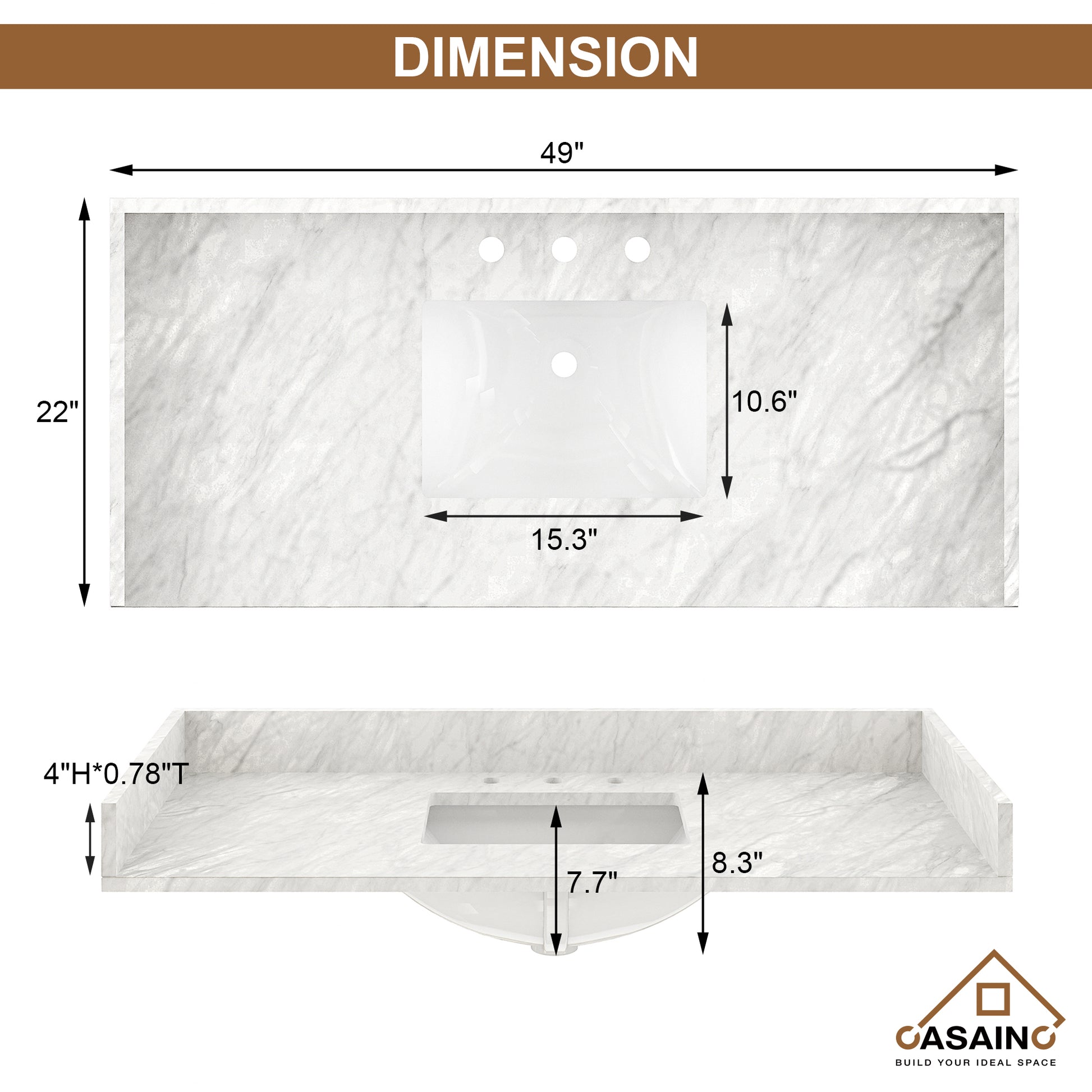 49 in White Italian Carrara Natural Marble Single Sink Bathroom Vanity Top