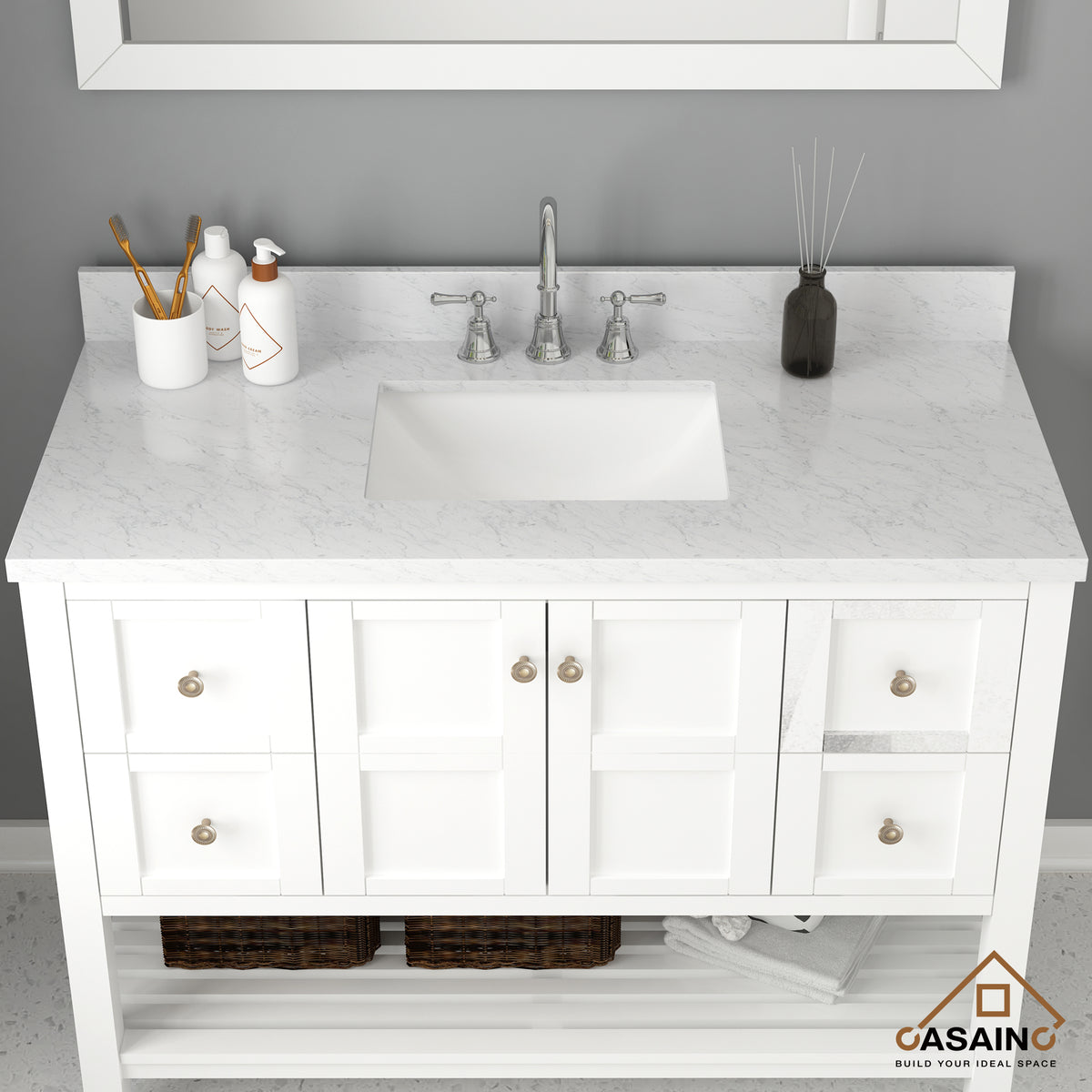 49 in White Italian Carrara Natural Marble Single Sink Bathroom Vanity Top