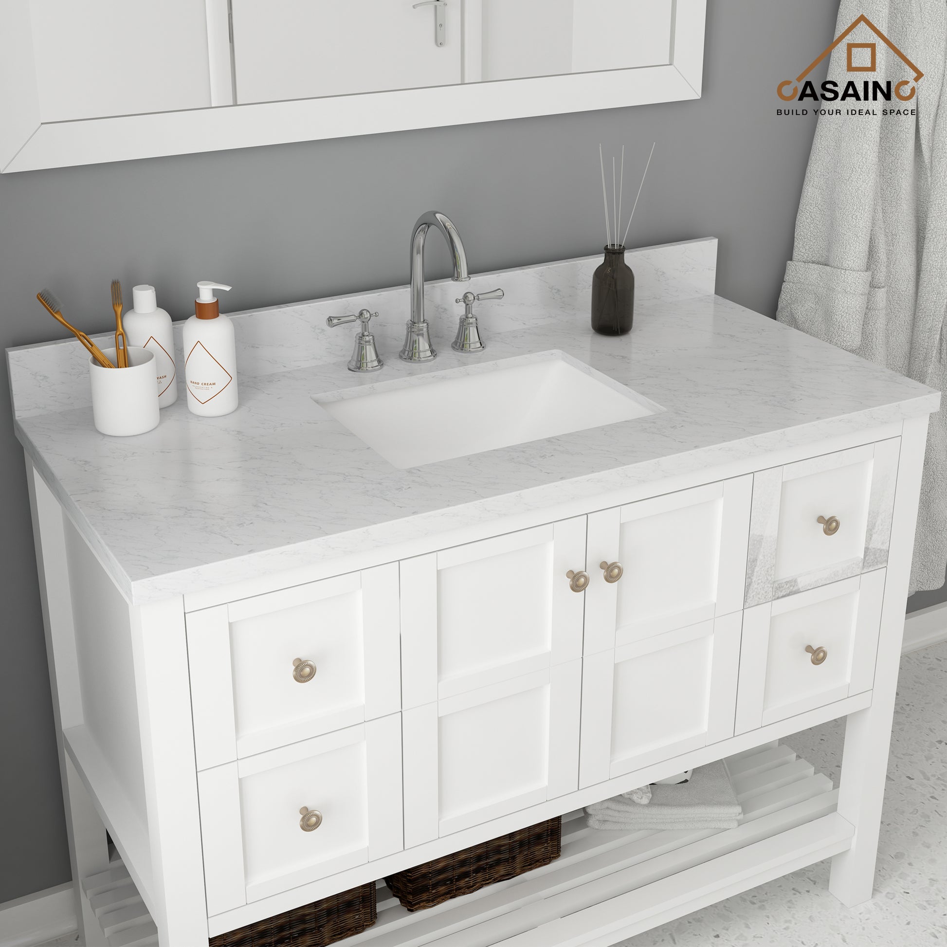 49 in White Italian Carrara Natural Marble Single Sink Bathroom Vanity Top