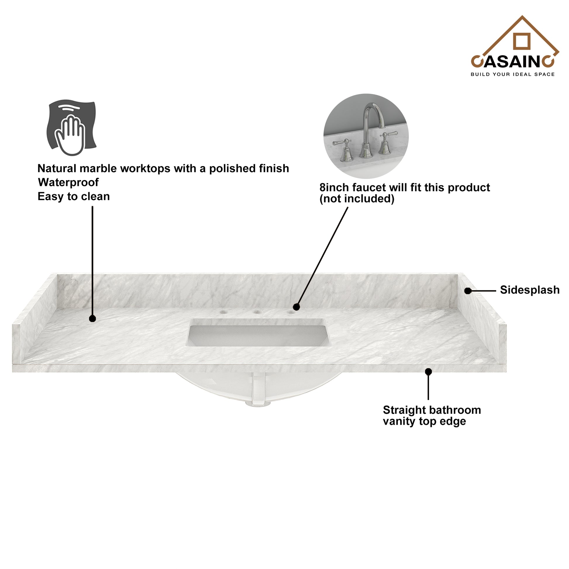 49 in White Italian Carrara Natural Marble Single Sink Bathroom Vanity Top