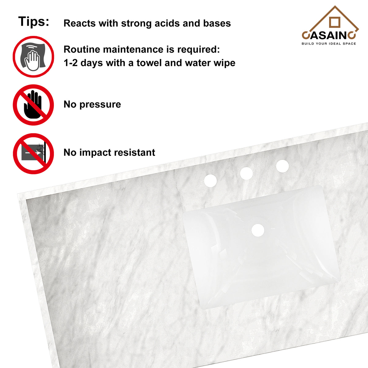 49 in White Italian Carrara Natural Marble Single Sink Bathroom Vanity Top