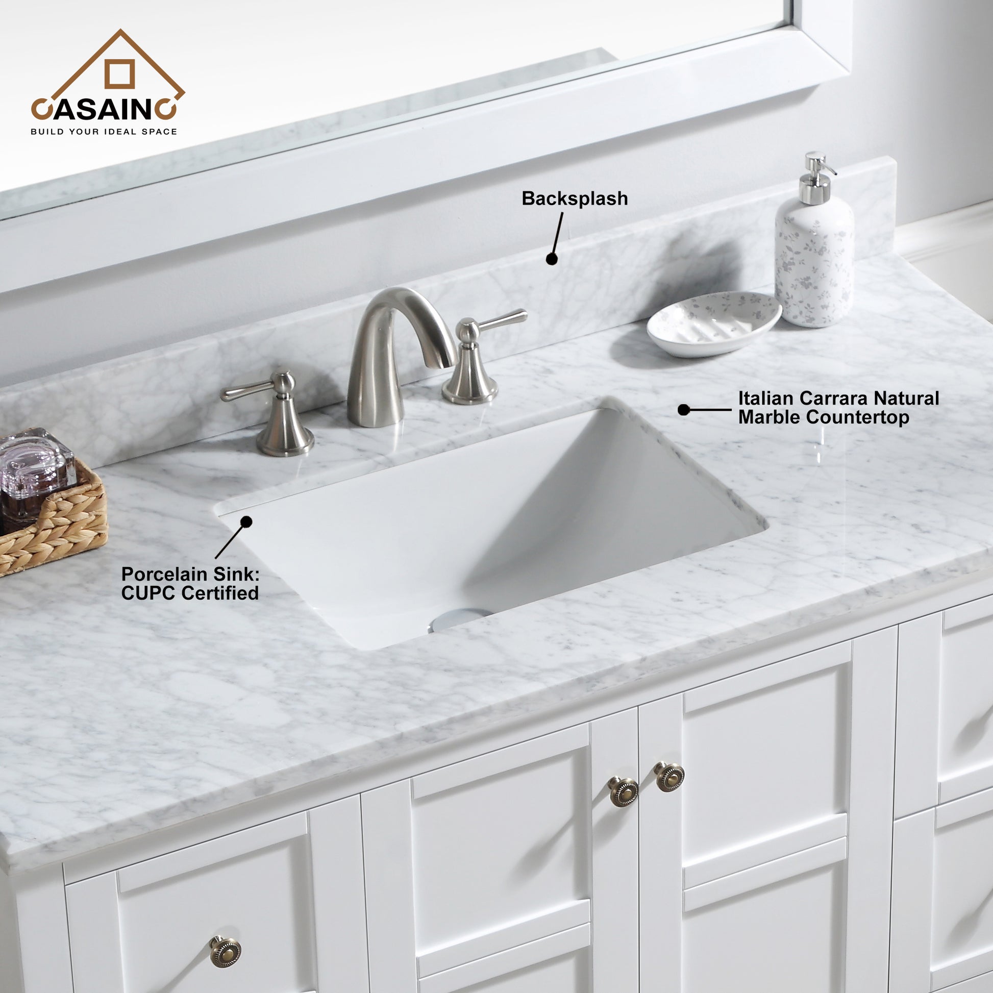 49 in White Italian Carrara Natural Marble Single Sink Bathroom Vanity Top