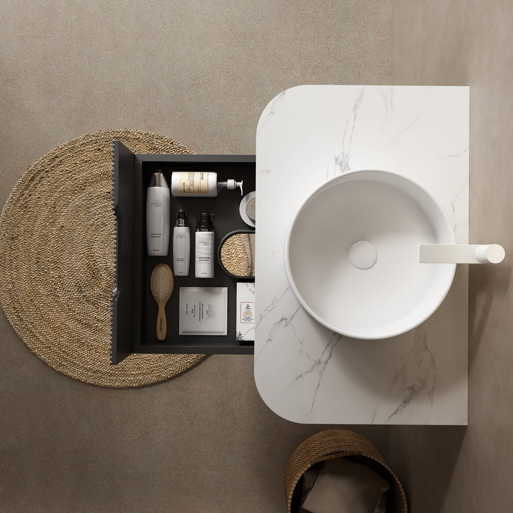 14 in. Round Ceramic Vessel Bathroom Sink in Glossy White / Stone Pattern Matte White