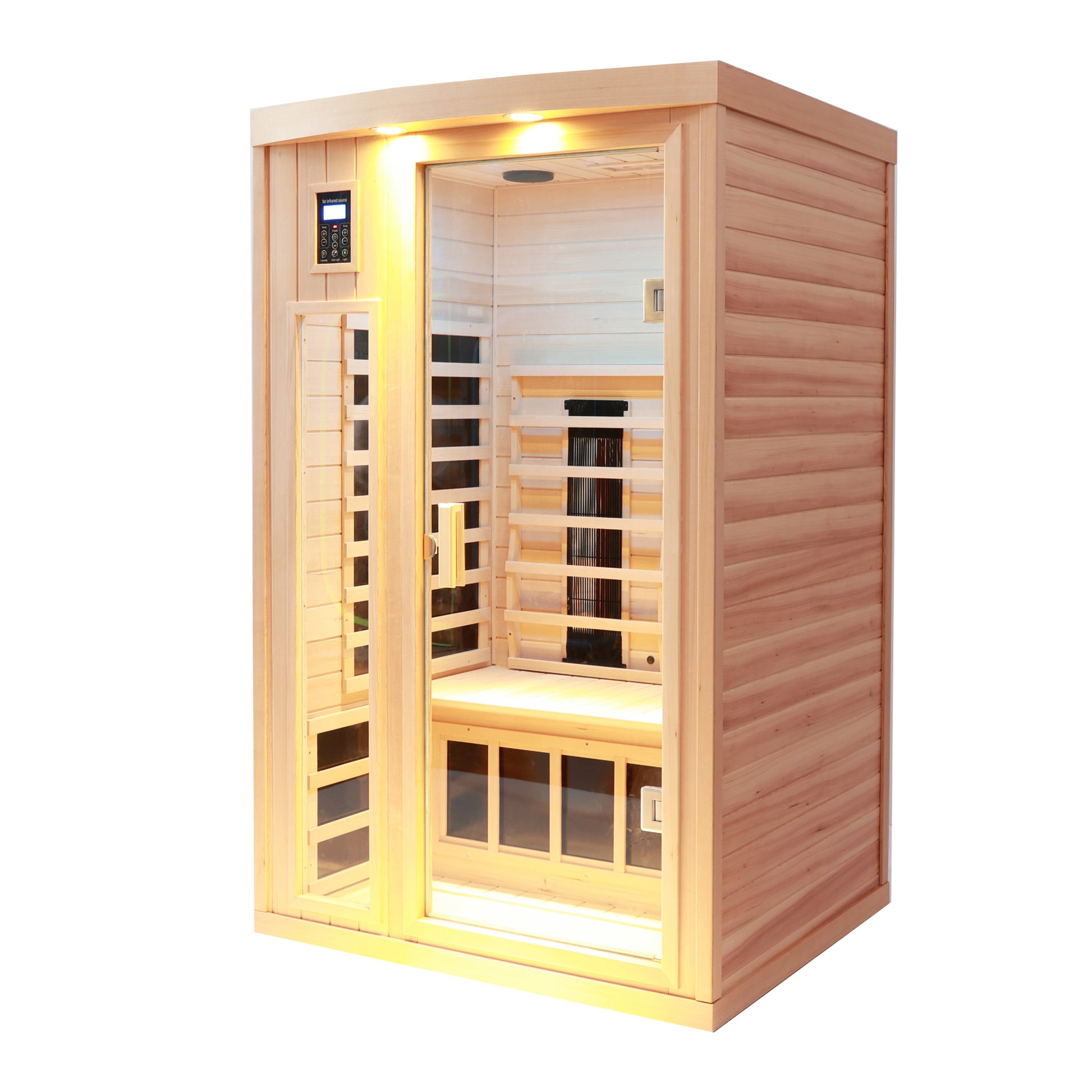 2-Person Hemlock Far Infrared Sauna with Bluetooth Audio, Reading Lights, Color Lighting and Exterior Lighting