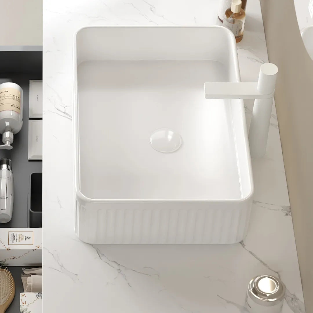 20" Matte White Rectangular Striped Ceramic Vessel Sink