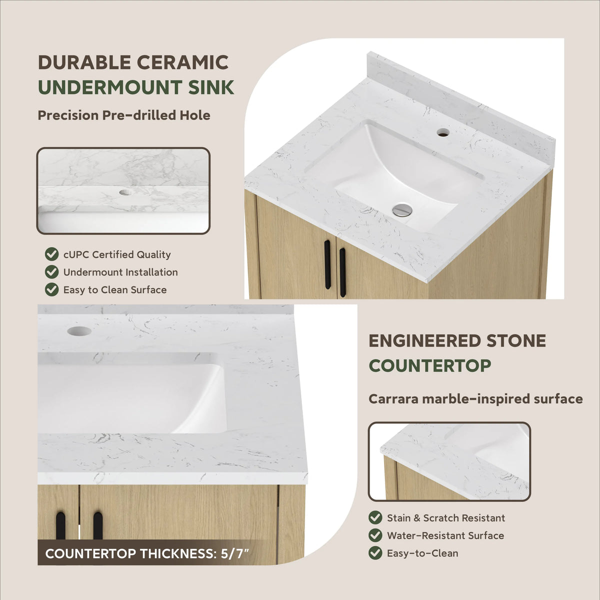 24"/36" Single Sink Bathroom Vanity with Light Natural Wood & Marble Top