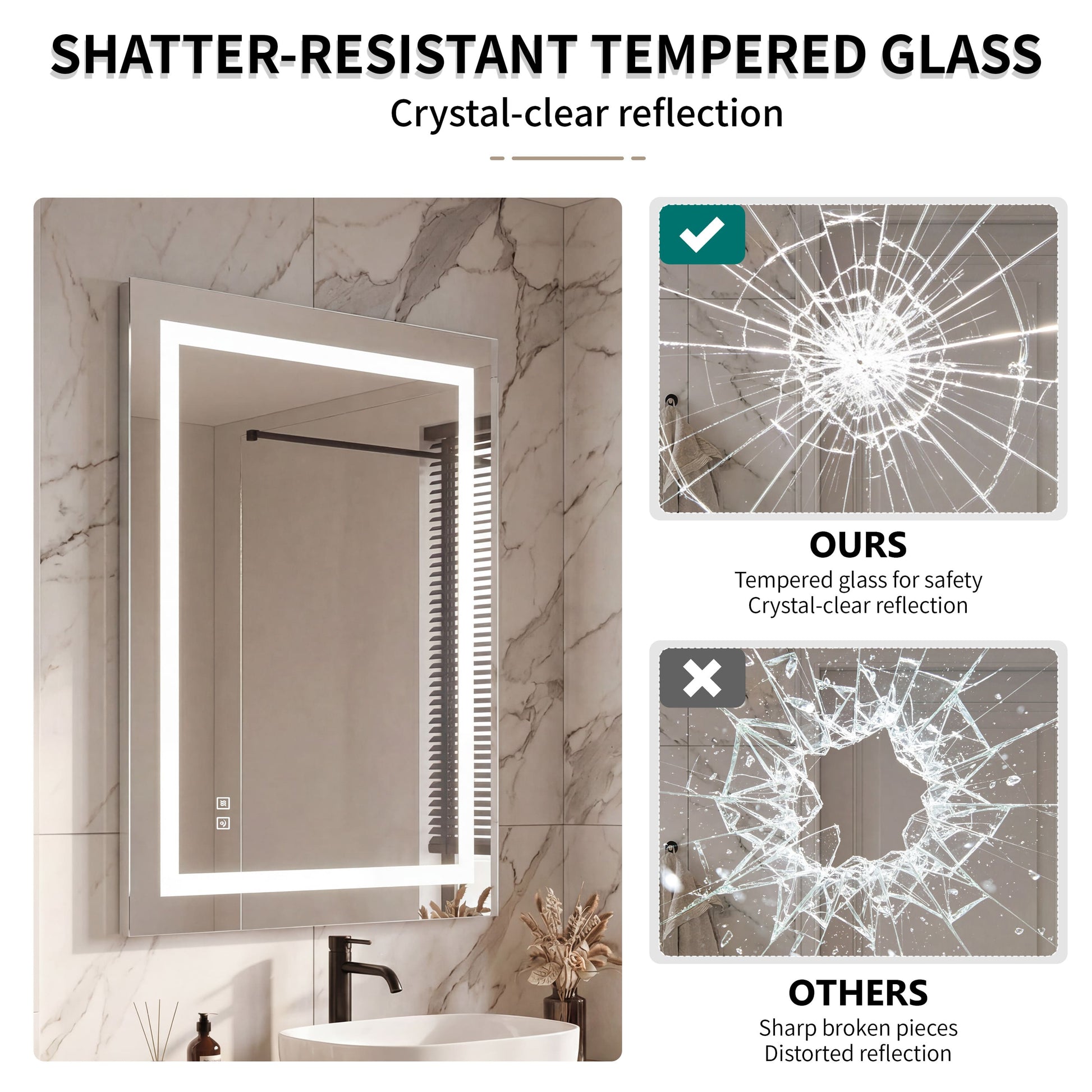LED Front-Lighted Bathroom Mirror with Touch Dimming and Shadow Free Lighting
