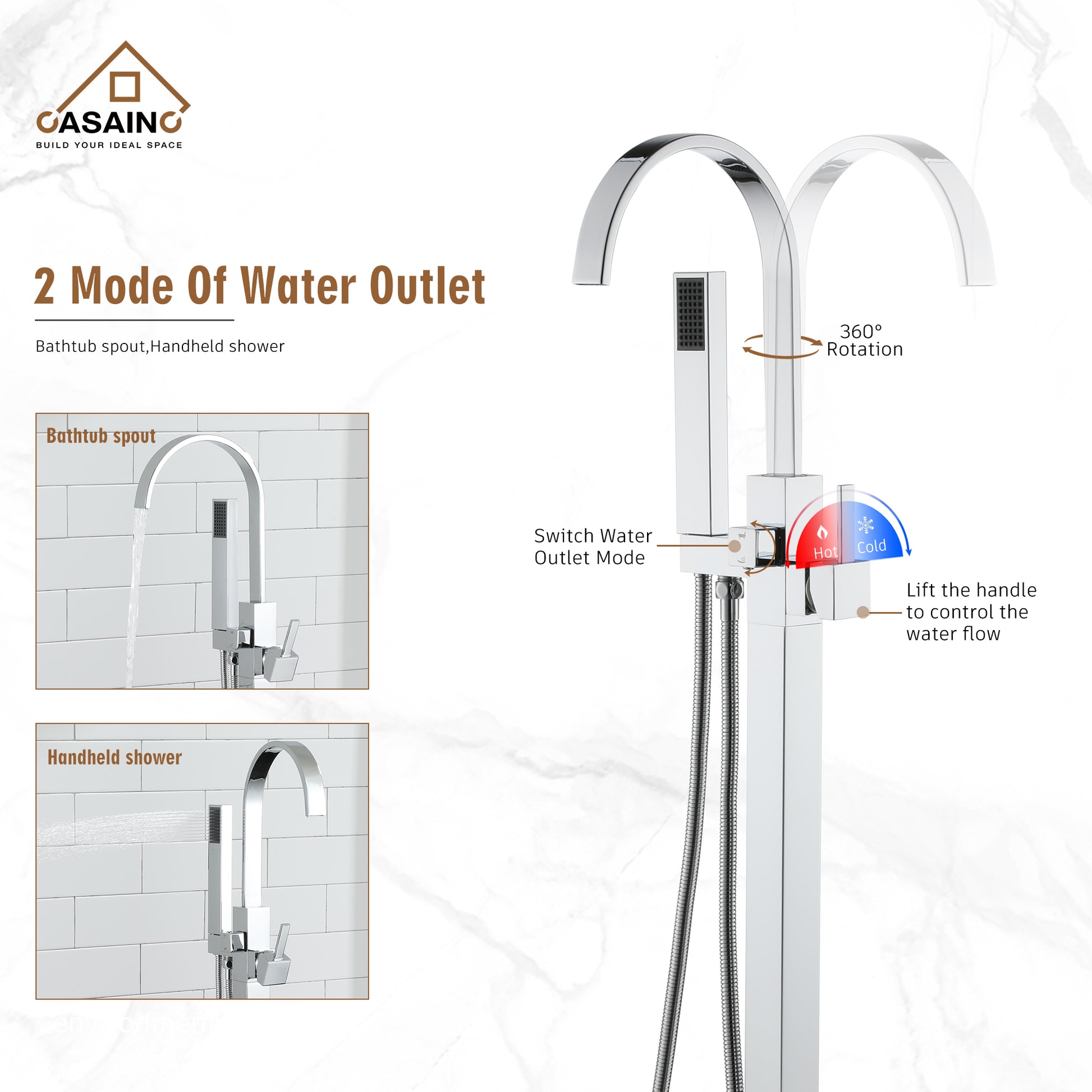 Floor Mount High Arc Bathtub Faucet with Ceramic Filter and Hand Shower